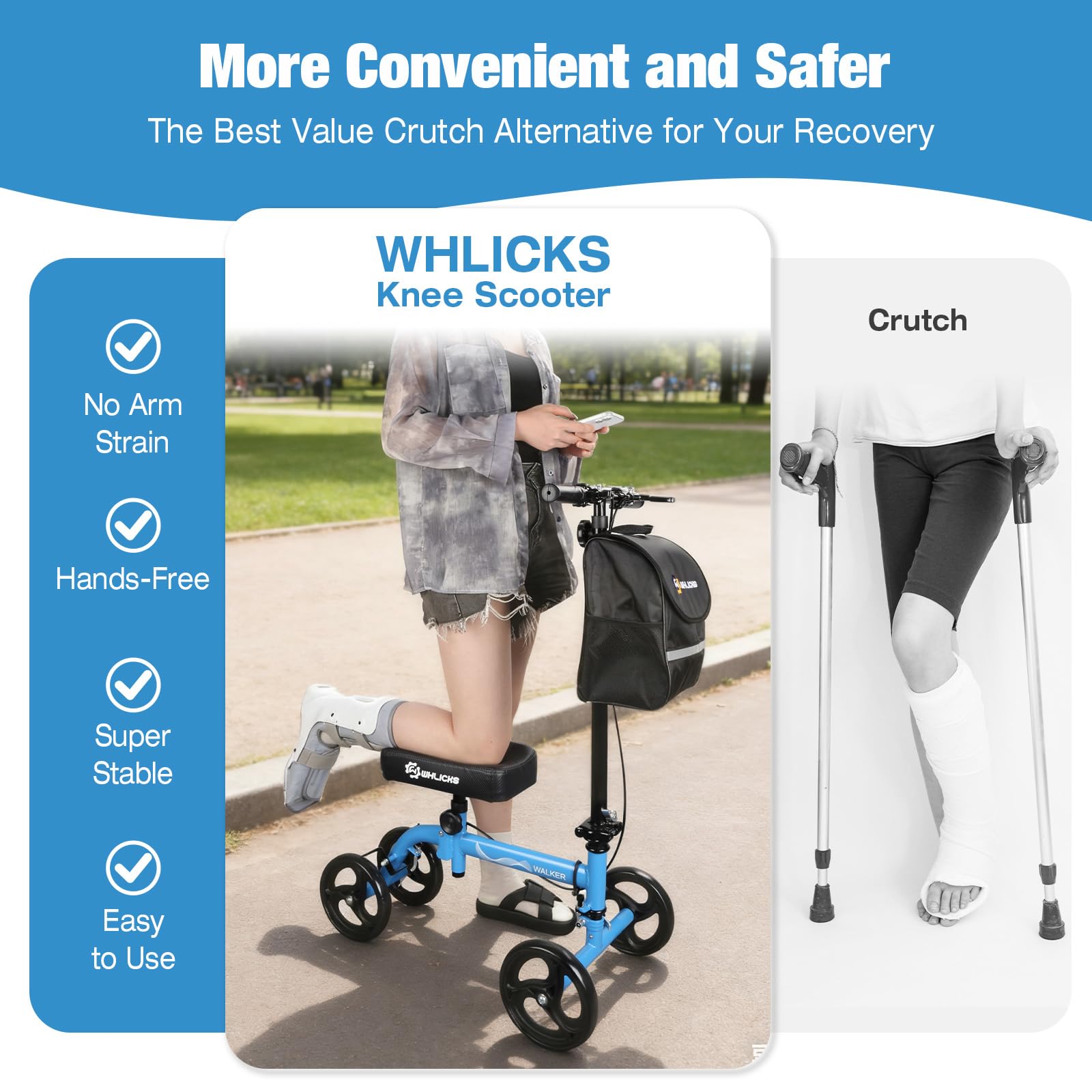 WHLICKS Premium Knee Scooter for Adults for Foot Surgery, Foldable & Steerable Knee Walker with Dual Brakes, Medical Knee Scooter for Broken Foot Injured, Lightweight Leg Scooter for Broken Ankle — Amazon image 8
