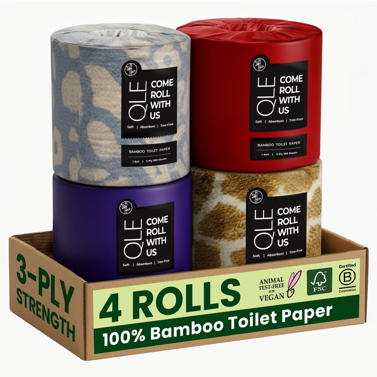 QLE Bamboo Toilet Paper 4 Pack 3 Ply 300 Sheets Bamboo RV Toilet Paper Rolls - Organic Chemical Free Toilet Paper, Hypoallergenic Toilet Paper Bamboo Soft, Compostable Septic Safe Plant Toilet Paper