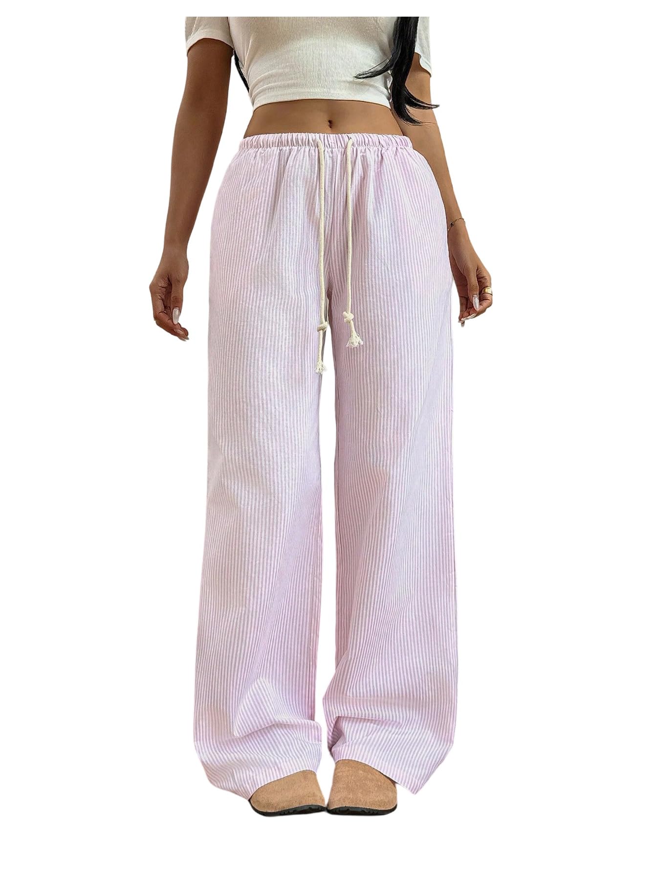 Milumia Womens Striped Drawstring Low Waist Pants Casual Straight Leg Loose Trousers with Pockets