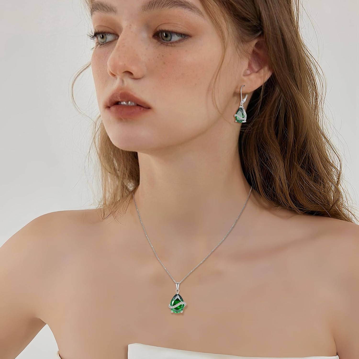 Teardrop Jewelry Set for Women 925 Sterling Silver Emerald Necklace Dangle Drop Leverback Earrings May Birthstone Jewelry for Women