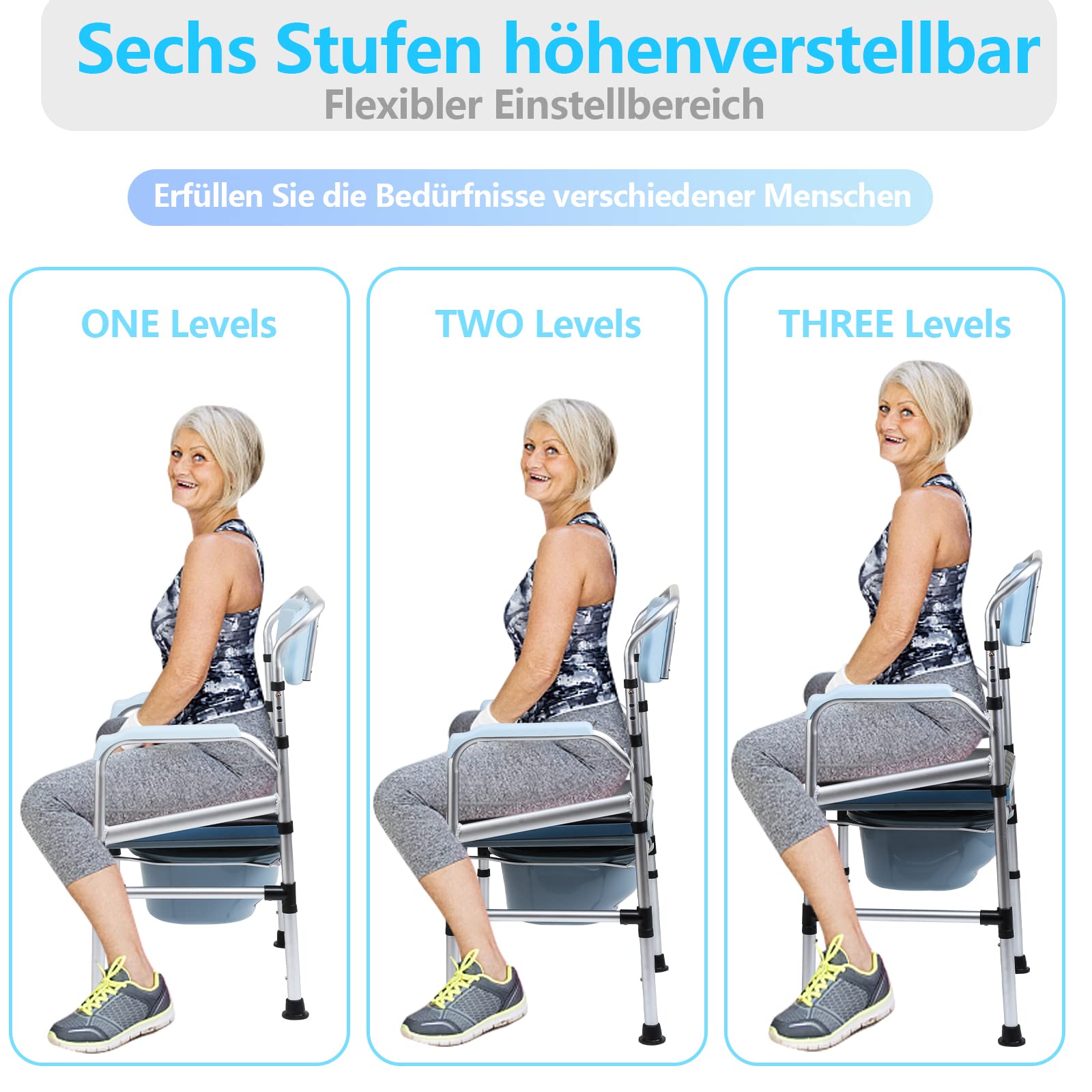 Sedia per WC per senior, portatile, regolabile in altezza, 42-54 cm, con seduta imbottita e secchio per WC, antiscivolo per camera da letto e bagno