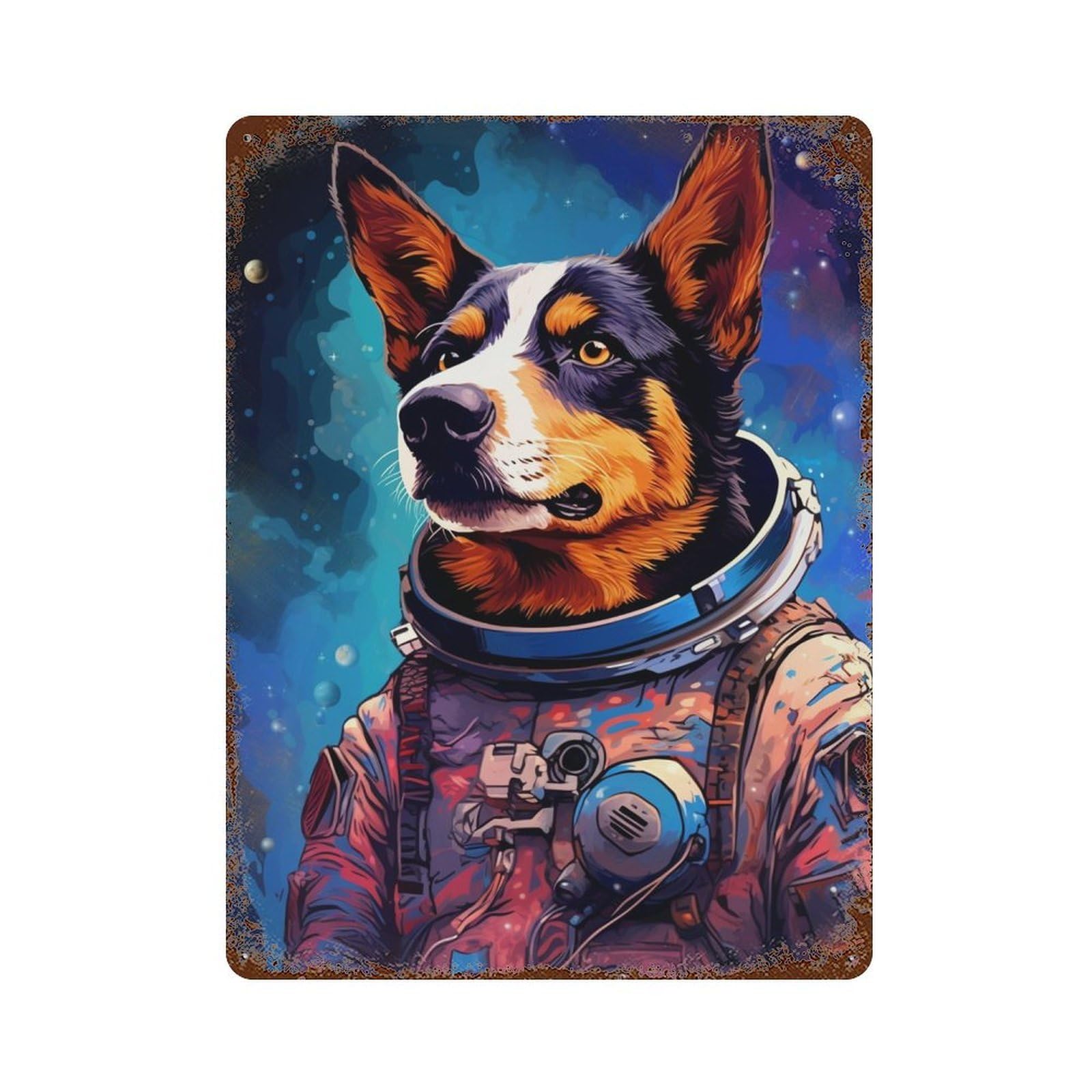 Space Dog Explorer Rusty Metal Tin Sign 15.7"x11.8", Rustic Home Decor for Garage, Pub Or Kitchen
