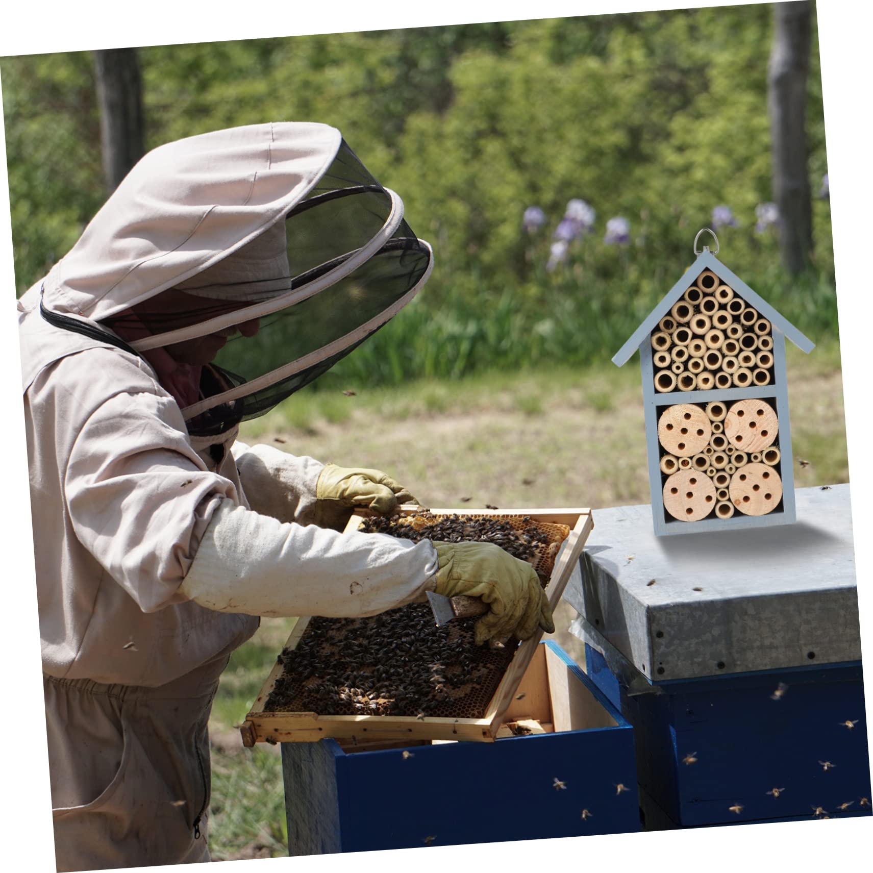 HANABASS Holz-insektenhaus Wetterfest Dekorativ Bienenhaus Für Garten Outdoor Mit Schutzdach Und Aufhängung Nisthilfe Für Wildbienen Und Andere Nützlinge Farbe Blau