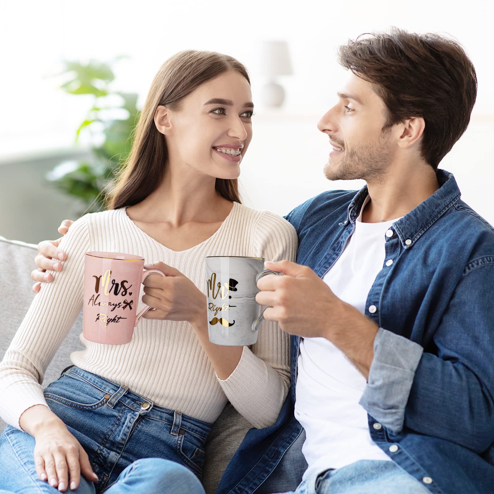 Biching Regalo Anniversario Matrimonio, Regali di Coppia, Regalo Anniversario per Lui e Lei, Regali Nozze Sposi per Marito Moglie, Mr Mrs Right - Tazza da Caffè in Ceramica con Confezione Elegante