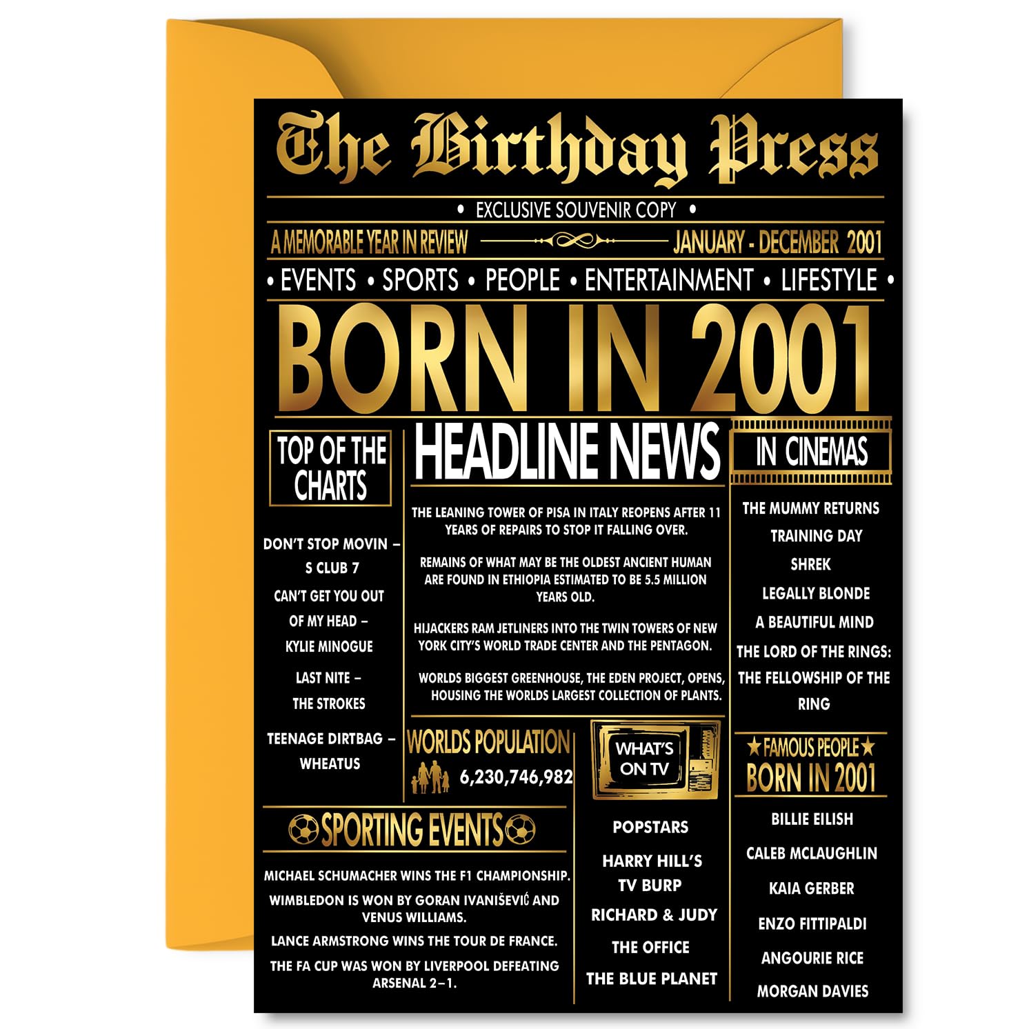 Gold 25th Birthday Card for Men Women - Black & Golden Newspaper Born in 2001 - Happy 25 Birthday Cards for Niece Cousin Brother Friend Nephew Auntie, A5 Bday Greeting Cards