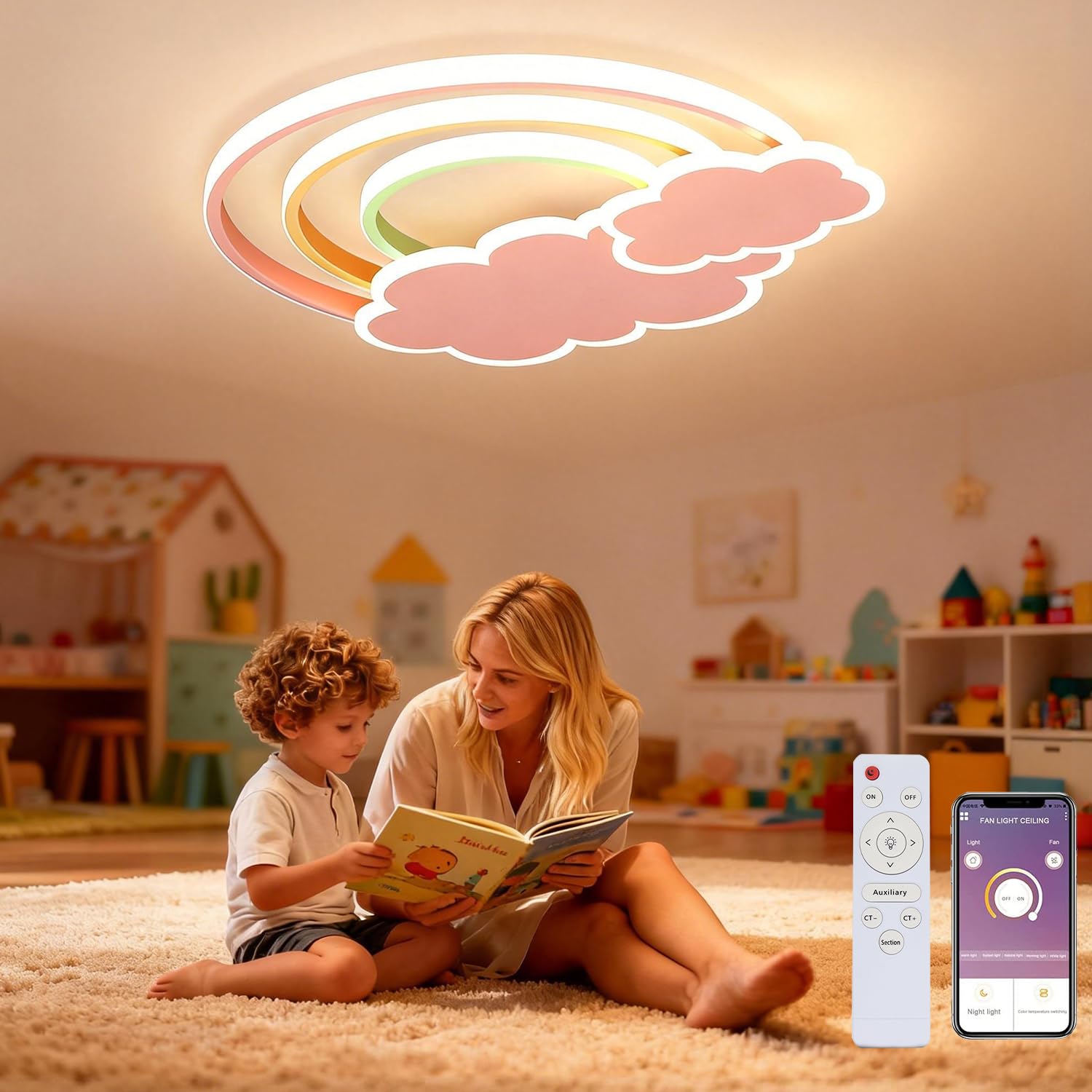 Lampa sufitowa LED Pokój dziecięcy Ściemniana lampa sufitowa z pilotem Chłopiec Dziewczyna Chmury Tęcza Lampka nocna do sypialni Salon Pokój dziecięcy Balkon 3000K-6000K Oświetlenie sufitowe