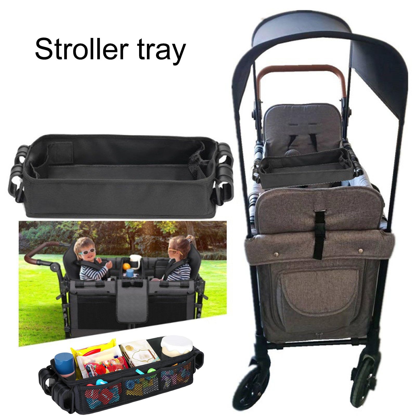 Bandeja para cochecito de bebé, equipada con soporte para bebidas y bolsillos de malla de almacenamiento para, carrito de paraguas, accesorios para cochecito y bandeja para bebidas para