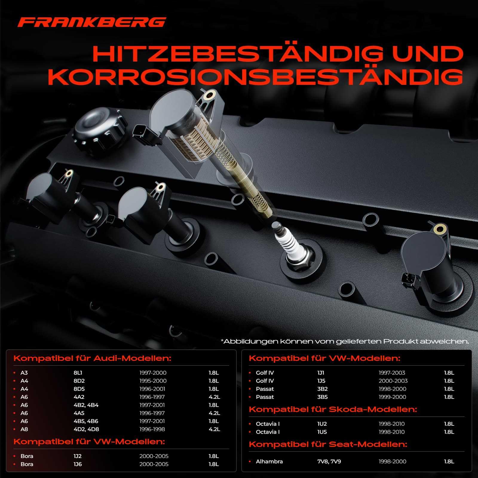 Frankberg 4 bobinas de encendido + 4 bujías de 3 Polos para gasolina | Compatible con: P.a.s.s.a.t Variante 3B5, A6 Avant 4A5, Golf IV Variante 1J5, A.l.h.a.m.b.r.a 7V8 7V9, A4 Avant 8D5