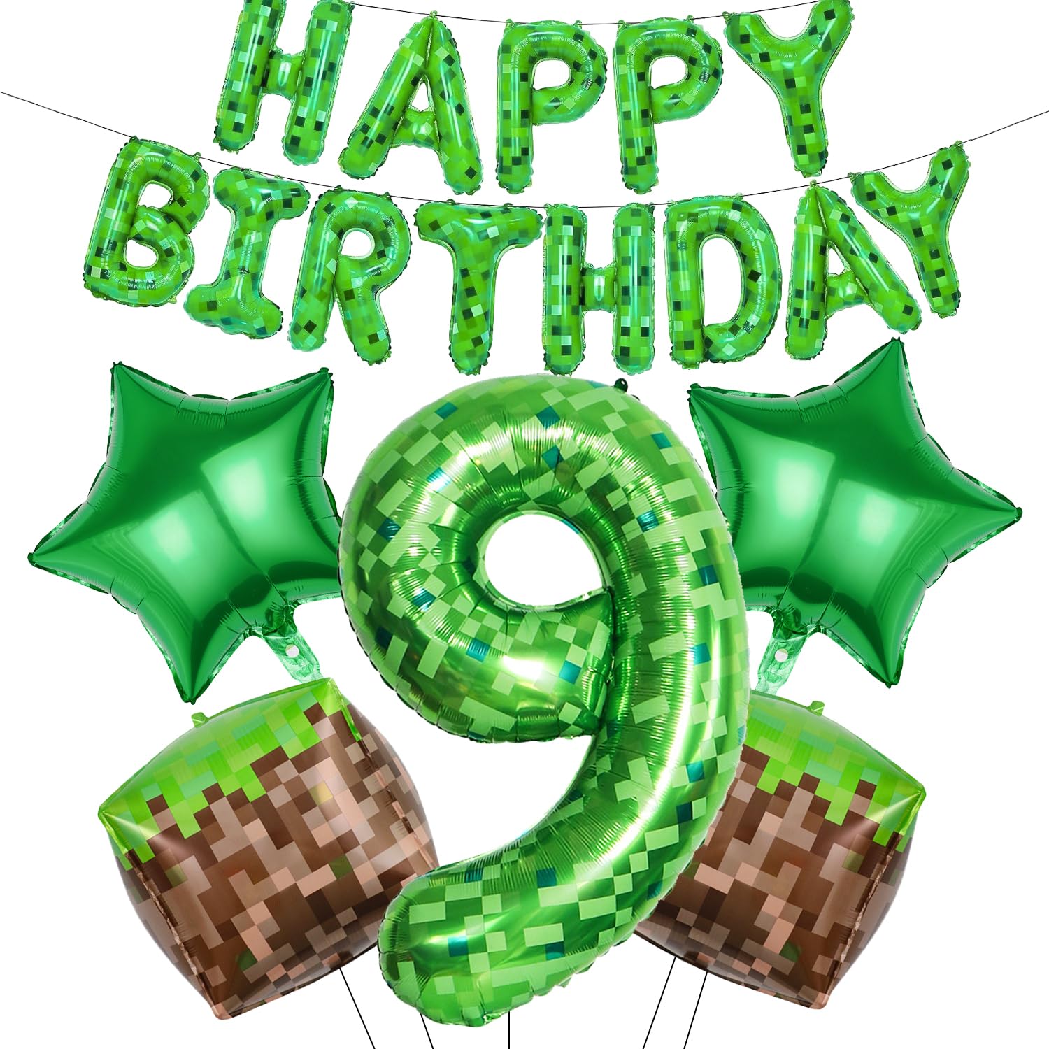 RNHDLY Pixel Balloon Birthday Decoration 9 Years, Pixel Happy Birthday Balloons, Birthday Decoration Boy, Game Foil Balloon Birthday Decorations for Children's Birthdays and Game Player Party