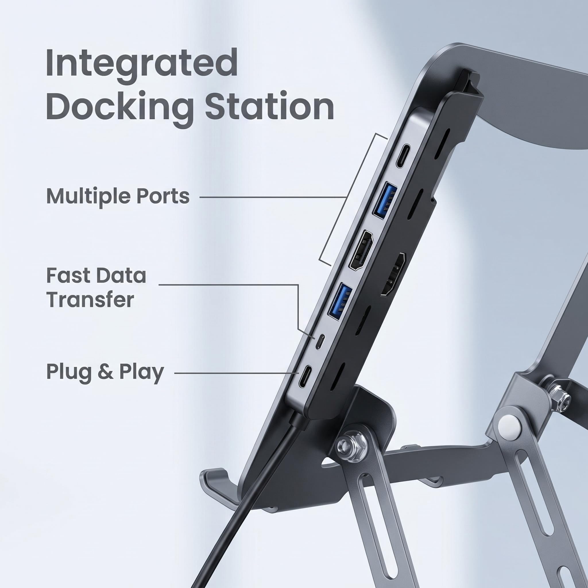 Supporto ergonomico per portatile con hub USB e supporto per cellulare, girevole a 360°, in metallo, regolabile, per ufficio e casa