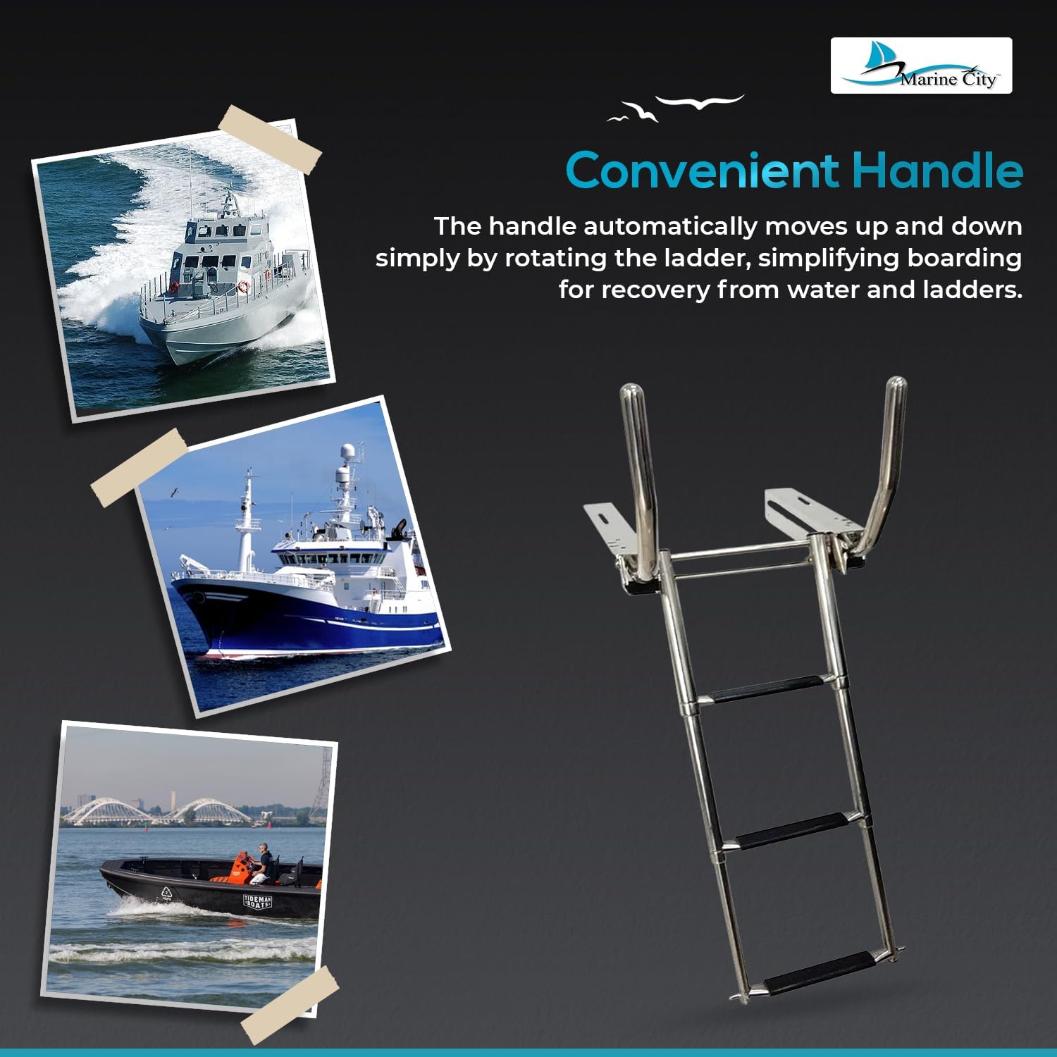 MARINE CITY Under Platform Telescoping Boat Ladder with Retractable Handrail – 316 Stainless Steel, Rust-Resistant, 400 lbs Capacity, Space-Saving Design for Boat & Yacht (3 Steps)