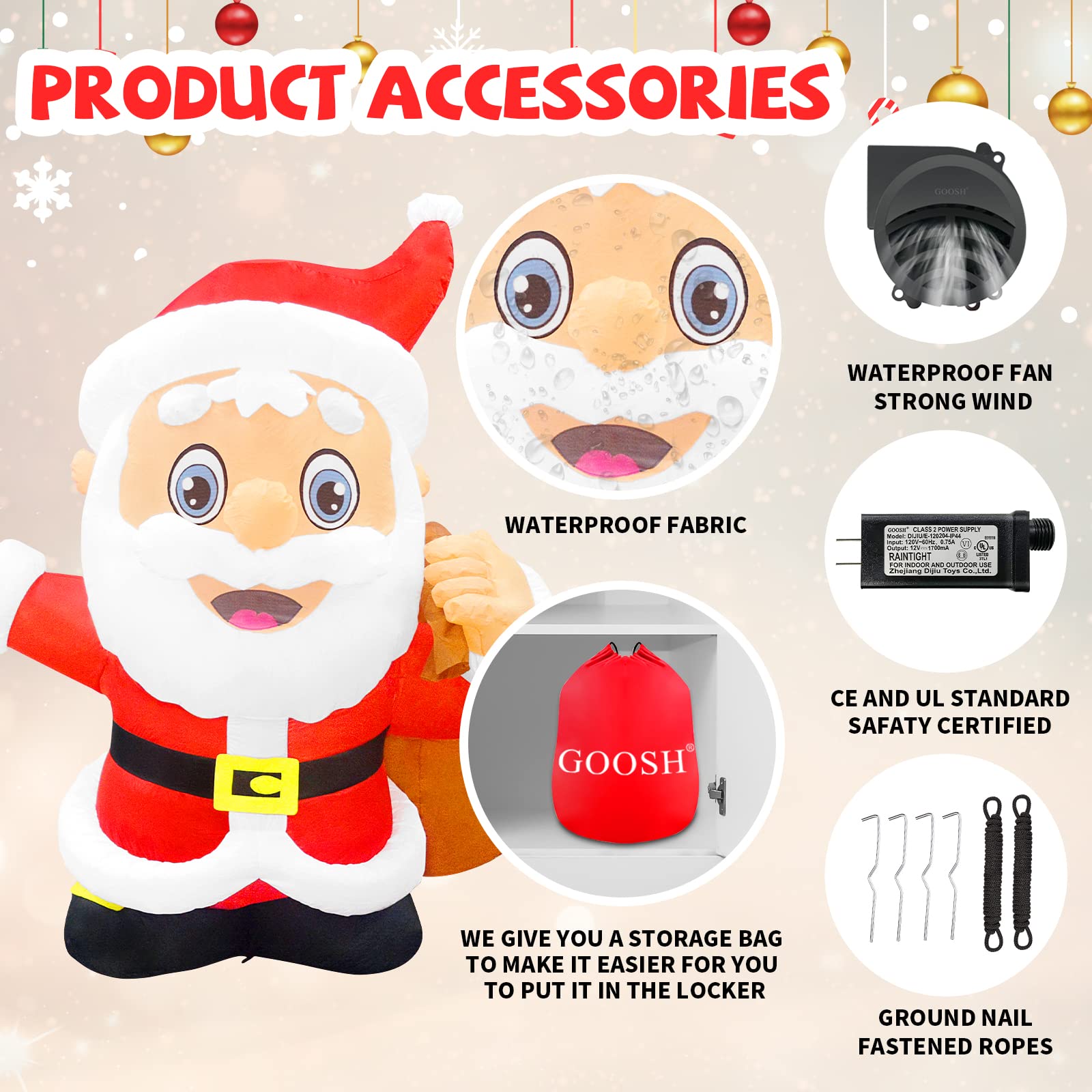 GOOSH Decoración inflable de Navidad de Papá Noel de 6.5 pies, decoración de Papá Noel inflable con bolsa grande, luces LED integradas para jardín, patio, césped, hogar, fiestas de vacaciones