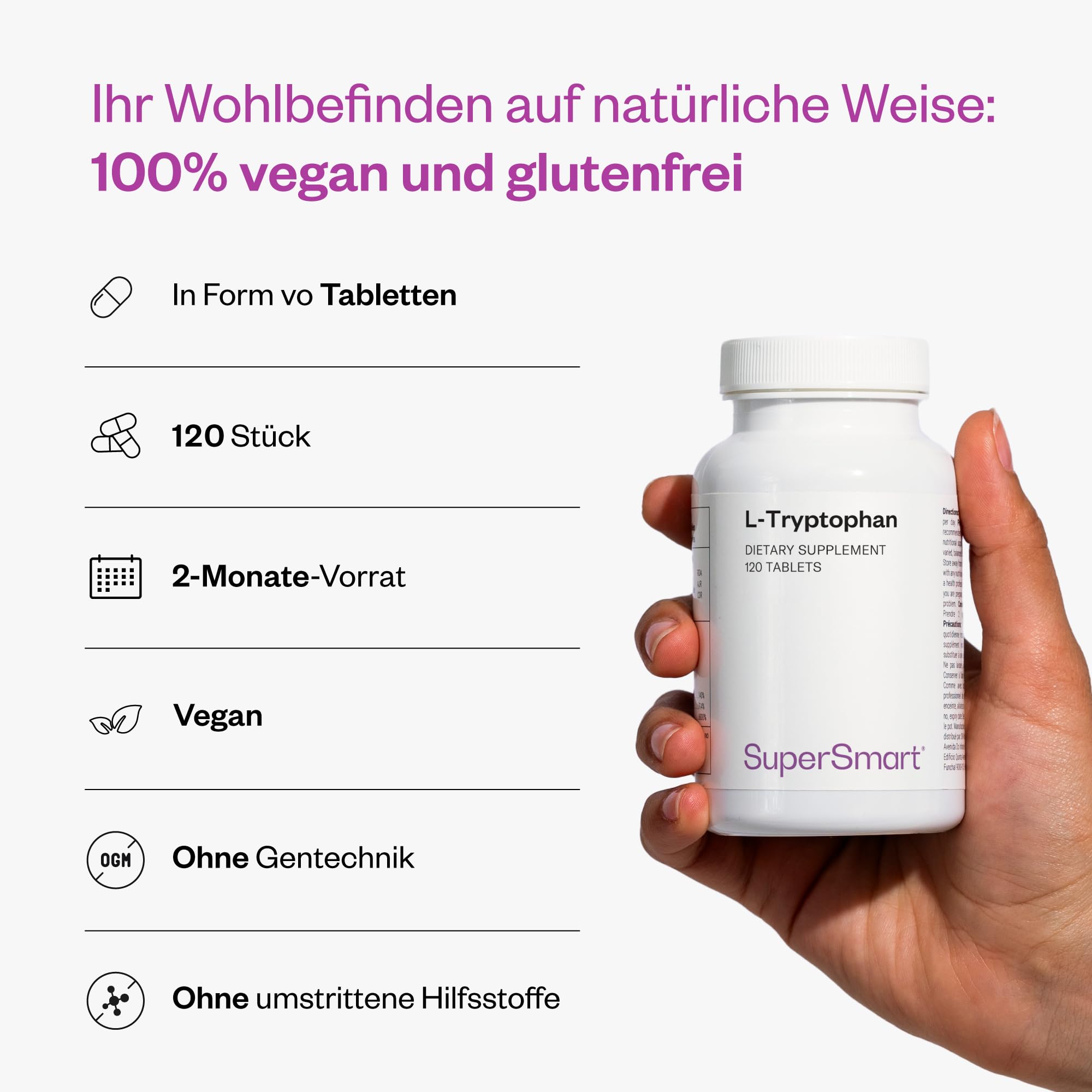 L-Tryptophan - Aminosäure natürlichen Ursprungs - Glutenfrei - SuperSmart