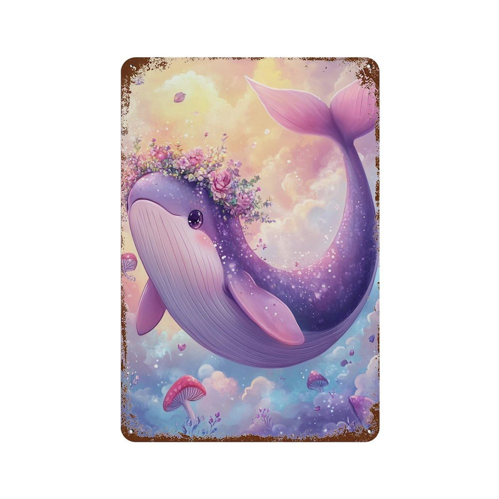 Fantasy Whale with Flowers 11.8"x7.9" Rust Effect Tin Sign, Old School Wall Decor for Pub, Kitchen And Man Cave Decor