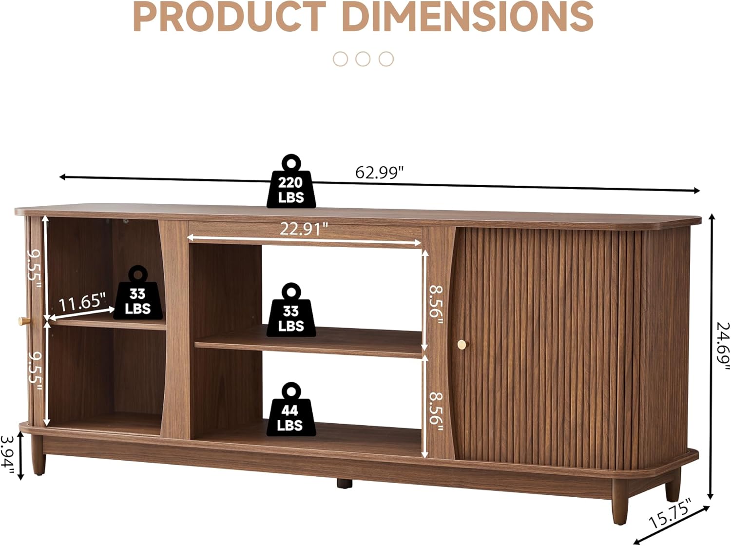TV Stand, Fluted Media Console Table with Storage and Sliding Door, Farmhouse Entertainment Center for Living Room, Home Office (Walnut-No Fireplace)