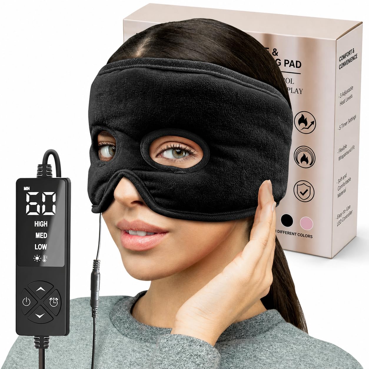 Feuchte Hitze Sinus Druckentlastung Maske mit 3 Heizstufen, Extra großes Gesichtsheizkissen für Augen, Sinusitis, Hormon Migräne, Verspannungen Kopfschmerzen Linderung Schwarz
