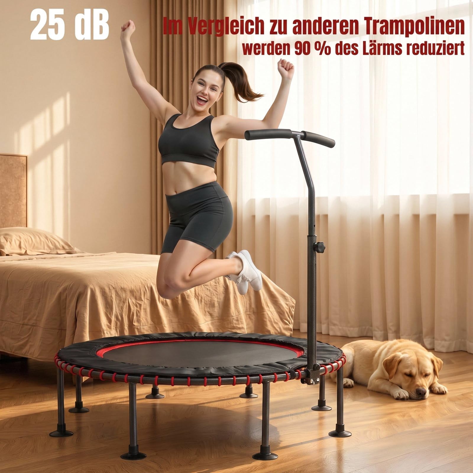 LIFERUN Trampolino elastico per interni, per adulti, diametro di 122/128cm, per allenamento, portata 150 kg, sospensione in corda in gomma stabile e silenziosa, manico regolabile in altezza a 3,Rosso