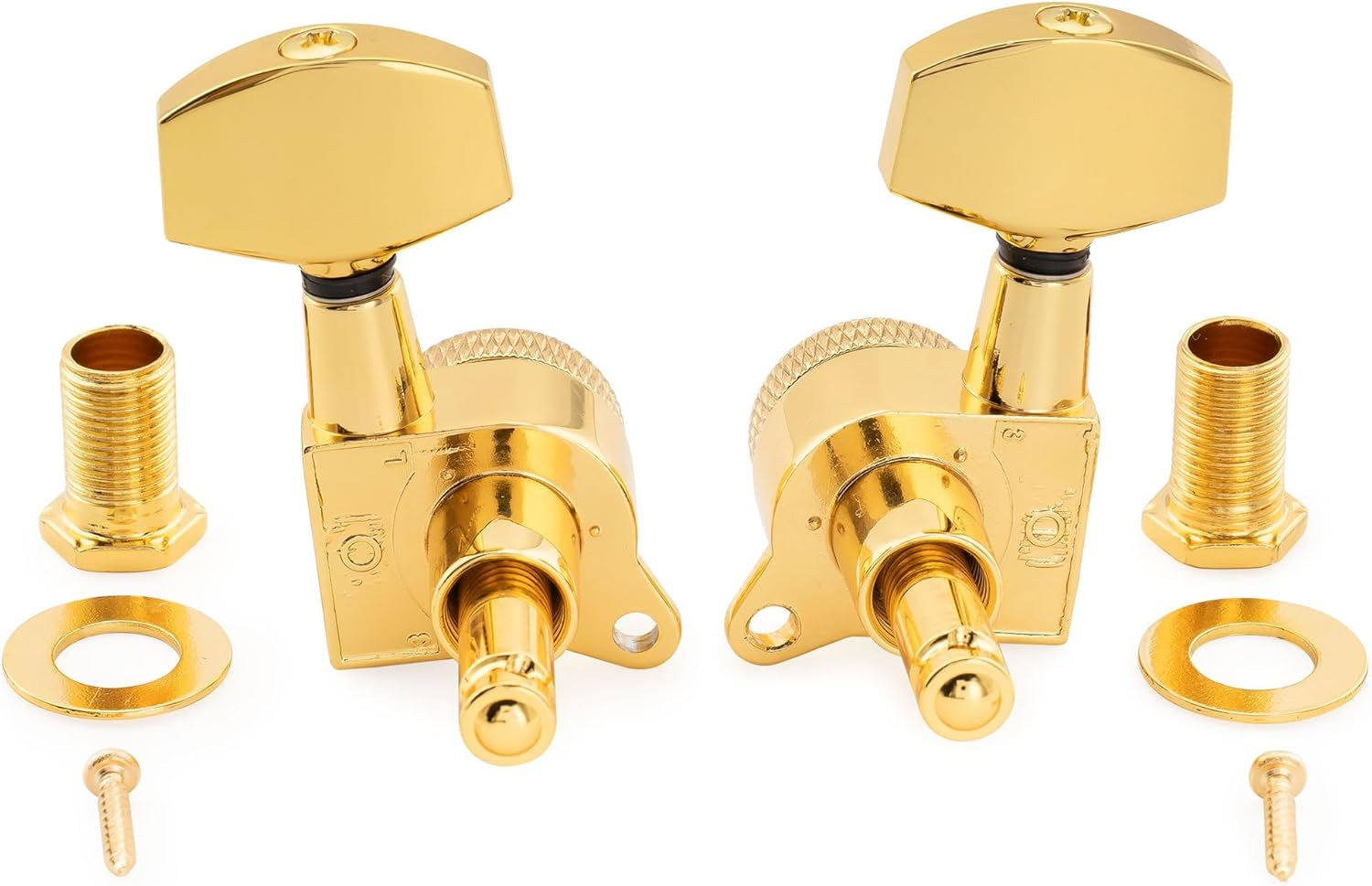 Musiclily Pro 3R3L 18:1 Ratio Full Sealed Locking Machine Heads Tuners Tuning Pegs Keys with Big Hex Button 45 Degree Screw for Acoustic Electric Guitar, Gold