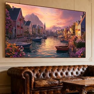 Riverside Diamond Art Kits for Adults, Town Diamond Painting Kit 150x60cm, Full Drill Gem Art Painting, 5D Crystal Paint by Numbers Kit, DIY Embroidery Cross Stitch Crafts Kits, Decor Gifts O-499G