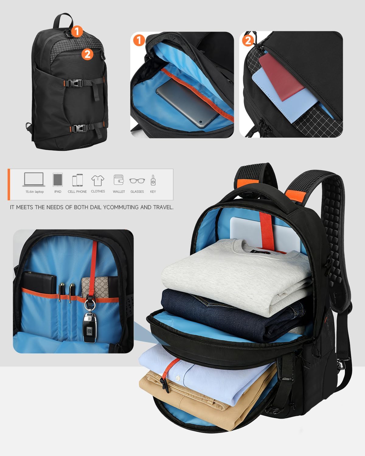 2-in-1 Detachable Rolling Backpack,56L Large Travel Backpack with Wheels-Splits into Daypack & Laptop Backpack Fits 17 Inch Laptop,Water-Resistant & Carry-On Friendly for College, Work & Travel Black