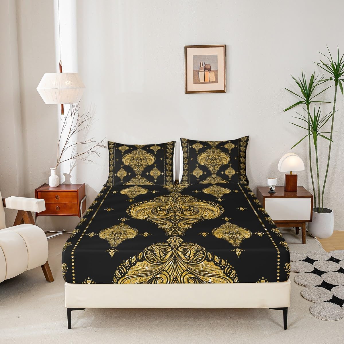 Paisley Boho Bed Sheet Twin Size,Western Aztec Tribal Pattern Bedding Set 3Pcs,Vintage Gold Glitter Floral Sheet Set for Teens Adult Room Decor Exotic Luxury Fitted + Flat Sheet,1 Pillowcase image 5