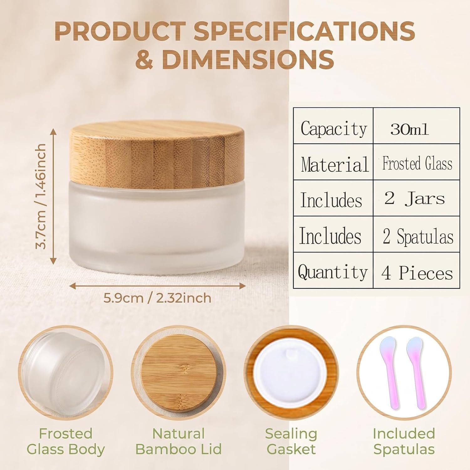 2PCS Travel Size Frosted Glass Jars with Bamboo Lids, 1oz Leak Proof Empty Skincare Containers with 2 Facial Mask Spatulas Spatulas for DIY Cream, Lip Balm, Lotion (1, ounces) image 2