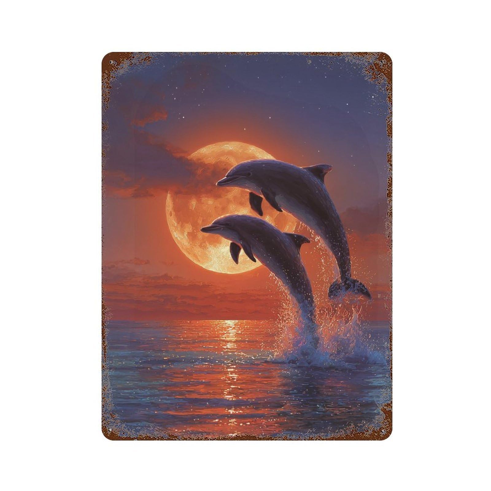 Rustic Tin Plaque Dolphins Jumping Against Full Moon 15.7"x11.8", Vintage Wall Decor for Pub, Kitchen And Man Cave Decor