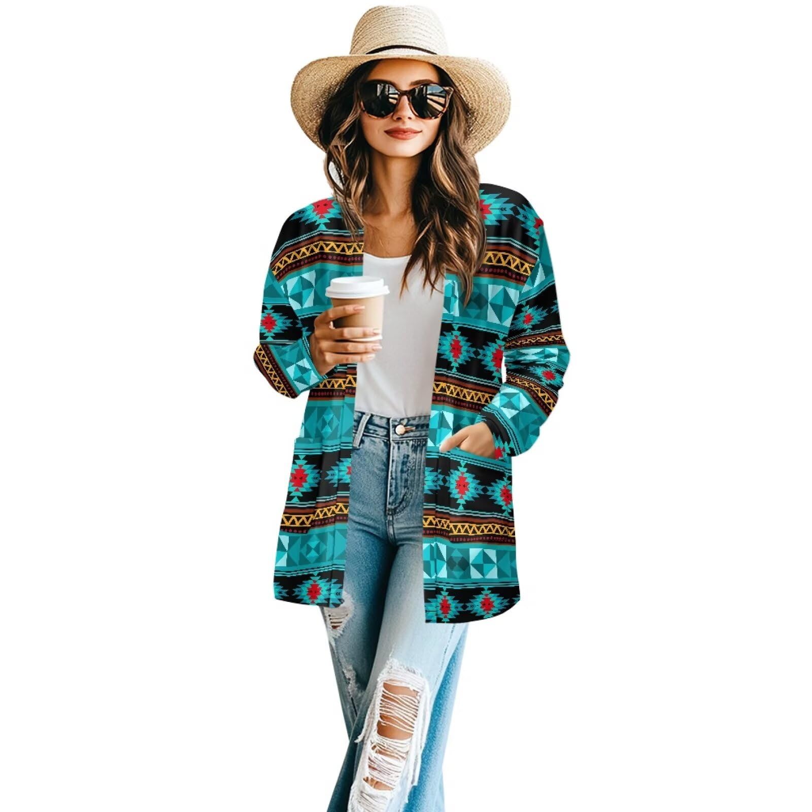 Women's Aztec Open-Front Jacket Lightweight Casual Outerwear Native Western Aztec Pattern &amp; Plaid Houndstooth Print