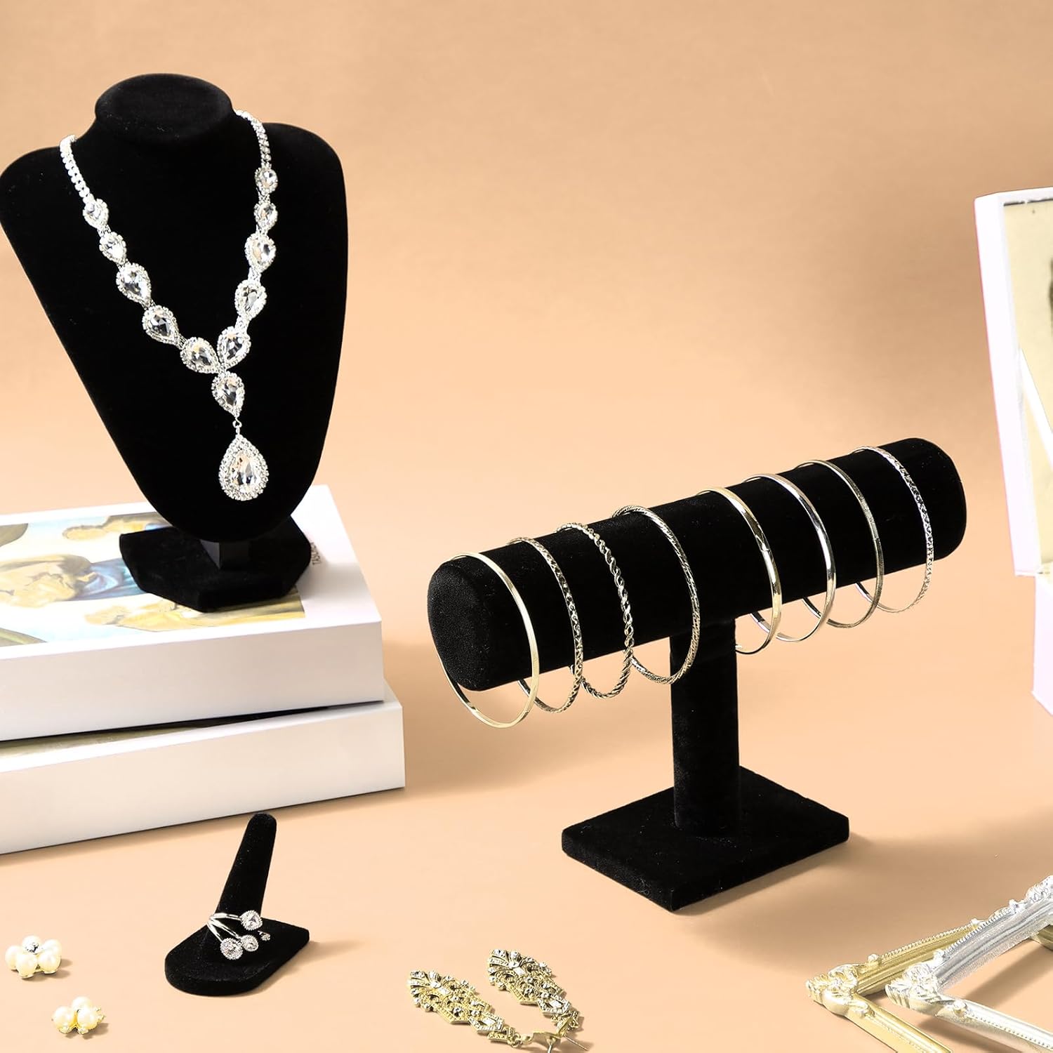 Wenqik 4 Pcs Velvet Jewelry Display Set Velvet Necklace Bust Holder Bracelet Organizer 2 Ring Finger Jewelry Holder