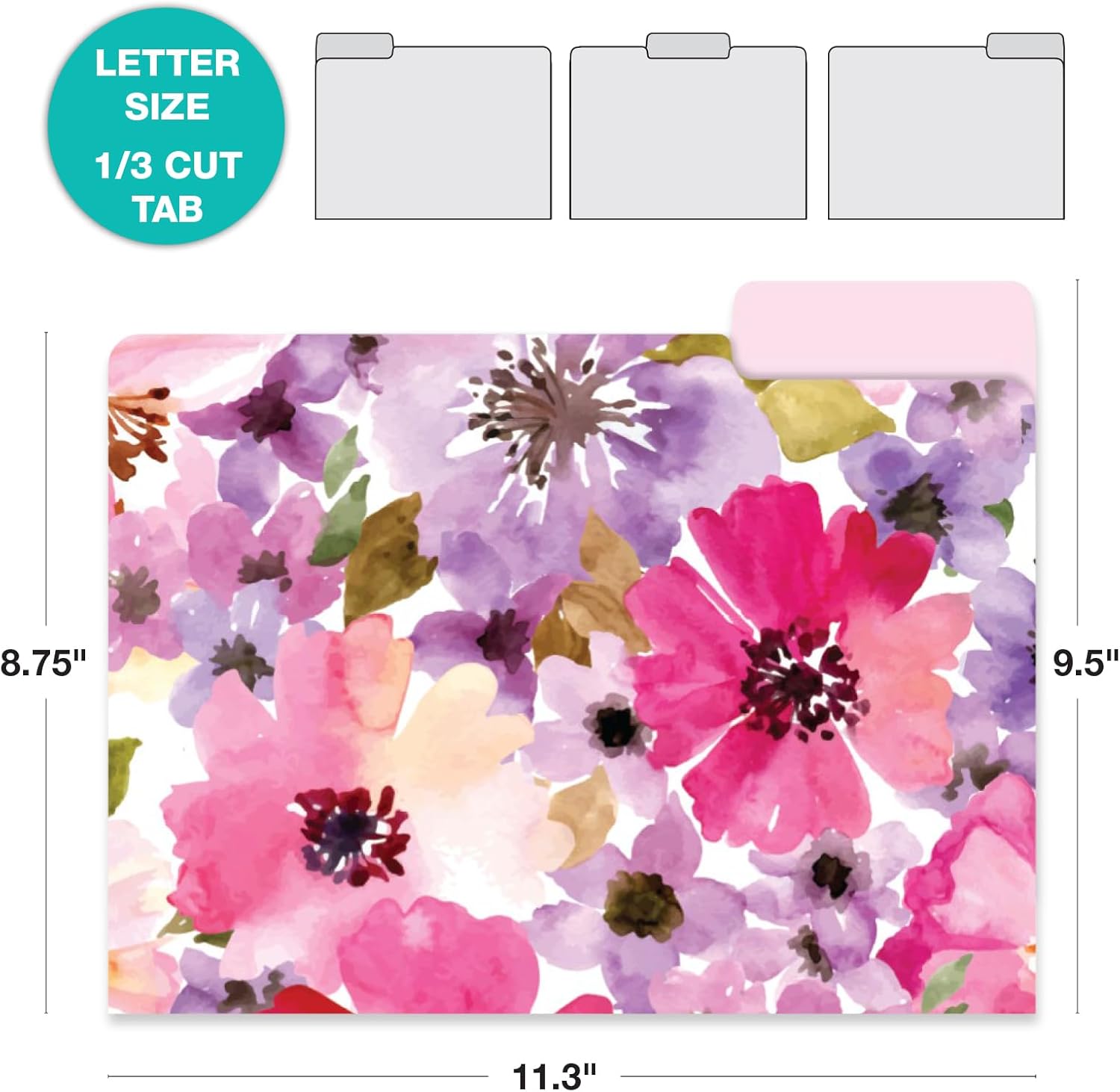 Global Printed Products Deluxe Designer Printed File Folders, 1/3 Cut Tab, Assorted Positions, Letter Size, 24/pk (Floral)