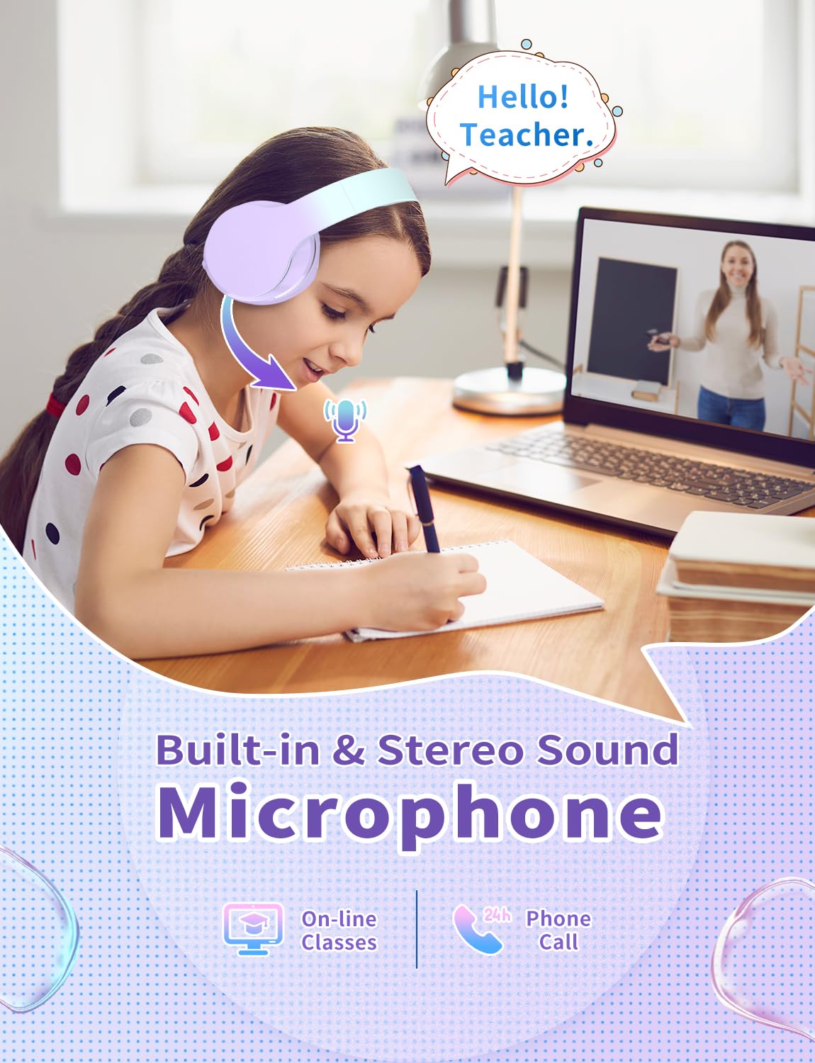 Xunpuls Cuffie Bluetooth per bambini, wireless, over-ear con microfono, suono stereo, 10 ore di autonomia, pieghevoli e regolabili, cuffie Bluetooth 5.1, per adulti, scuola, viaggi (viola)