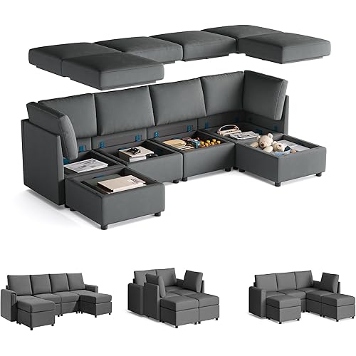 LINSY HOME Modular Sectional Sofa, Convertible U Shaped Sofa Couch with Storage, Memory Foam, Modular Sectionals with Ottomans, 6 Seat Sofa Couch with Chaise for Living Room, Dark Grey