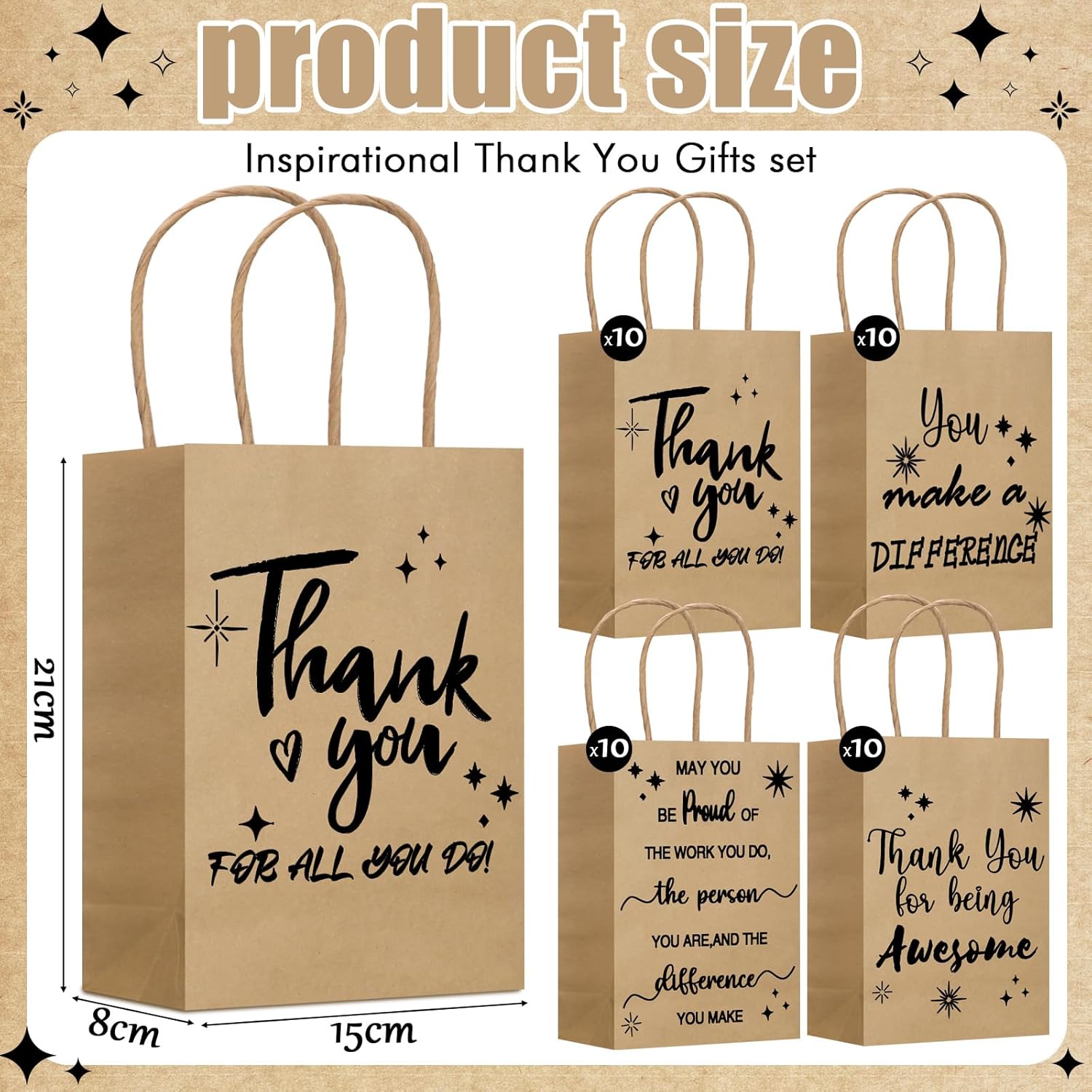 Gueevin 40 Pcs Employee Appreciation Thank You Gift Bags Bulk for Medical Assistant Week Gifts Bulk Customer Service Pastor Day Vet Tech PA Week Team Gift Coworker Staff(Appreciation,Kraft Color) - Image 2
