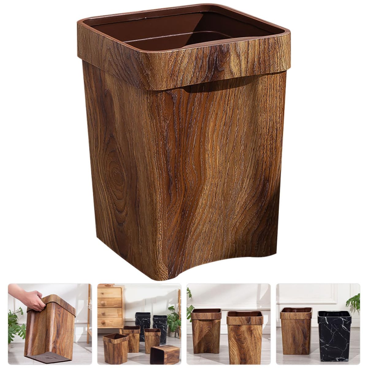 BETOOKY Wood Grain Waste Bin 8l Small Garbage Can with Recessed Handle, Imitation Wood Texture Trash Container for Kitchen Bathroom Home Office