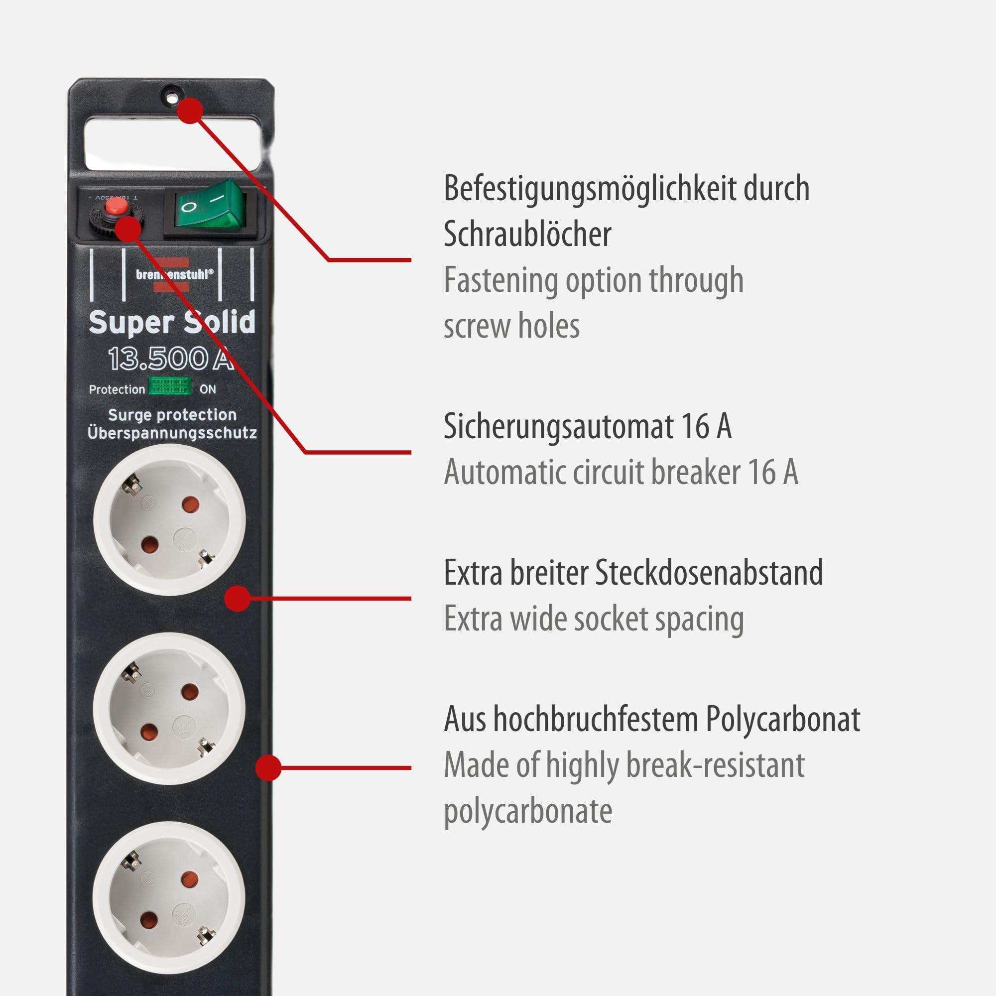 Brennenstuhl Super-Solid regleta enchufes con 8 Tomas y protección sobretensiones hasta 13.500A (con Cable de 2,5m e Interruptor, regleta eléctrica de policarbonato inastillable) Negro/Gris