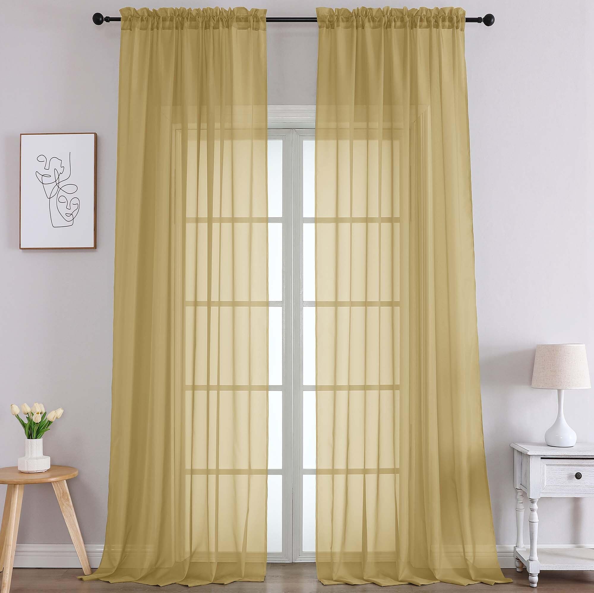 Chyhomenyc Extra Long Gold Sheer Curtains 108 Inches Long 2 Panels, Light Filtering Gold Curtains for Living Room, Soft Gentle Voile Rod Pocket Bedroom Window Drapes, 59Wx108L Inch, 9FT, 2PCS