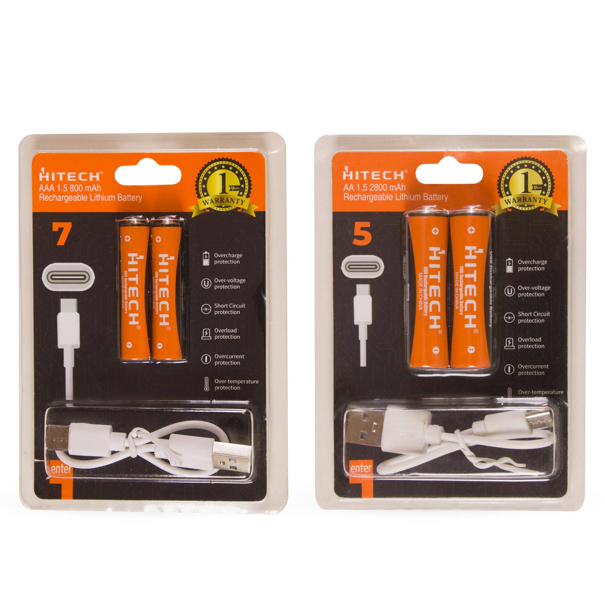 Hitech AA and AAA Pack of 2 Rechargeable Lithium Batteries, 2800mAh,800mAh USB Type-C Charging, 1000 Recharge Cycles, Pack with Charging Type-C Cable, Orange (4 Pieces)-image-12