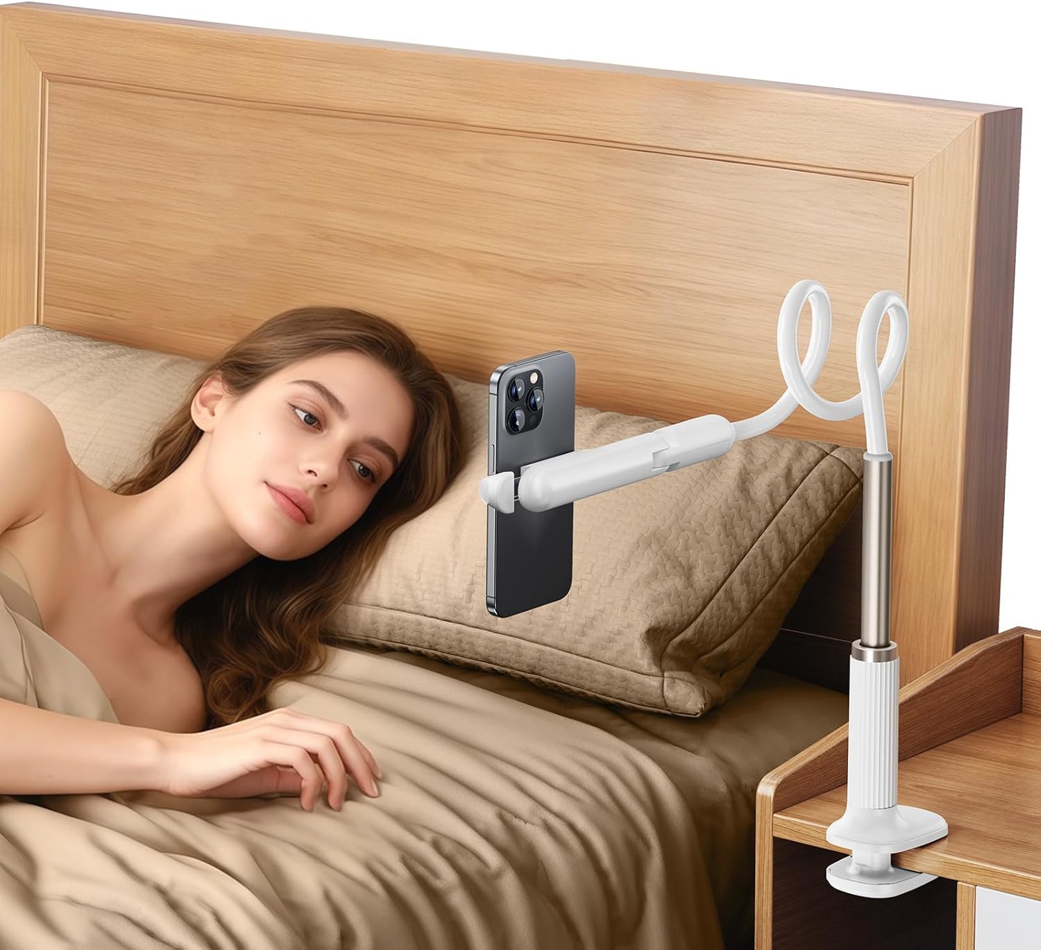 Gooseneck Phone Holder for Bed, Universal Cell Phone Stand with Clamp Mount, 900° Rotation Overhead Phone Mount with Flexible Long Arm for Bedside,Headboard,Desk (43.3 Inches Length)