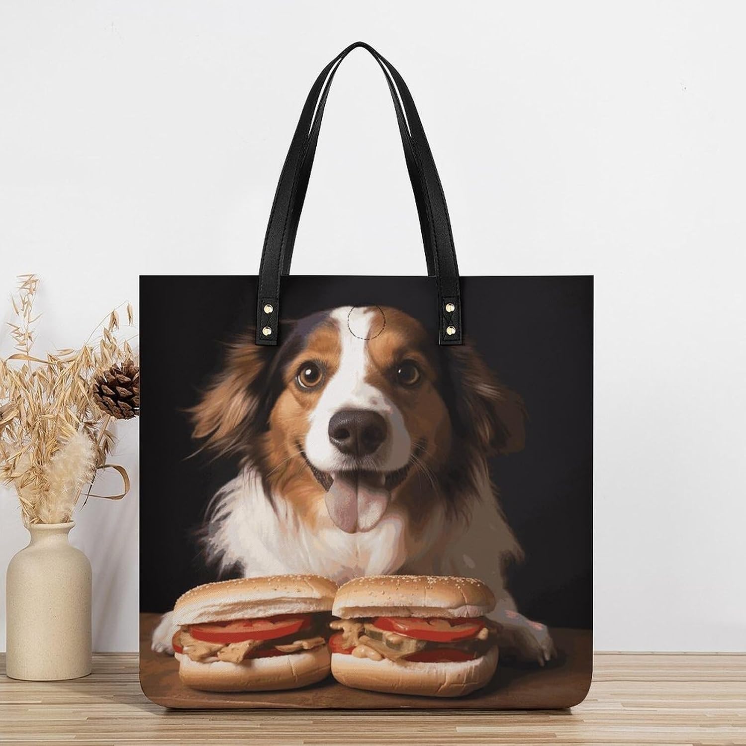 Dog Holding A Hot Dog Tote Bag with Magnetic Buckle Reusable Grocery Bags Lightweight Cross Body Handbag for Daily Essentials
