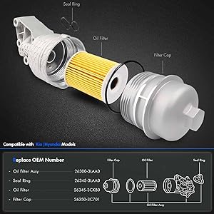 26300-3LAA0 Upgrade Aluminum Oil Filter Complete Assembly Kit Fit for Hyundai Palisade 2020-2024 Genesis G80 2017-20 for Kia Telluride 2020-2024 for Kia Sorento Cadenza Sedona 2017-21,OEM-263003LAA0