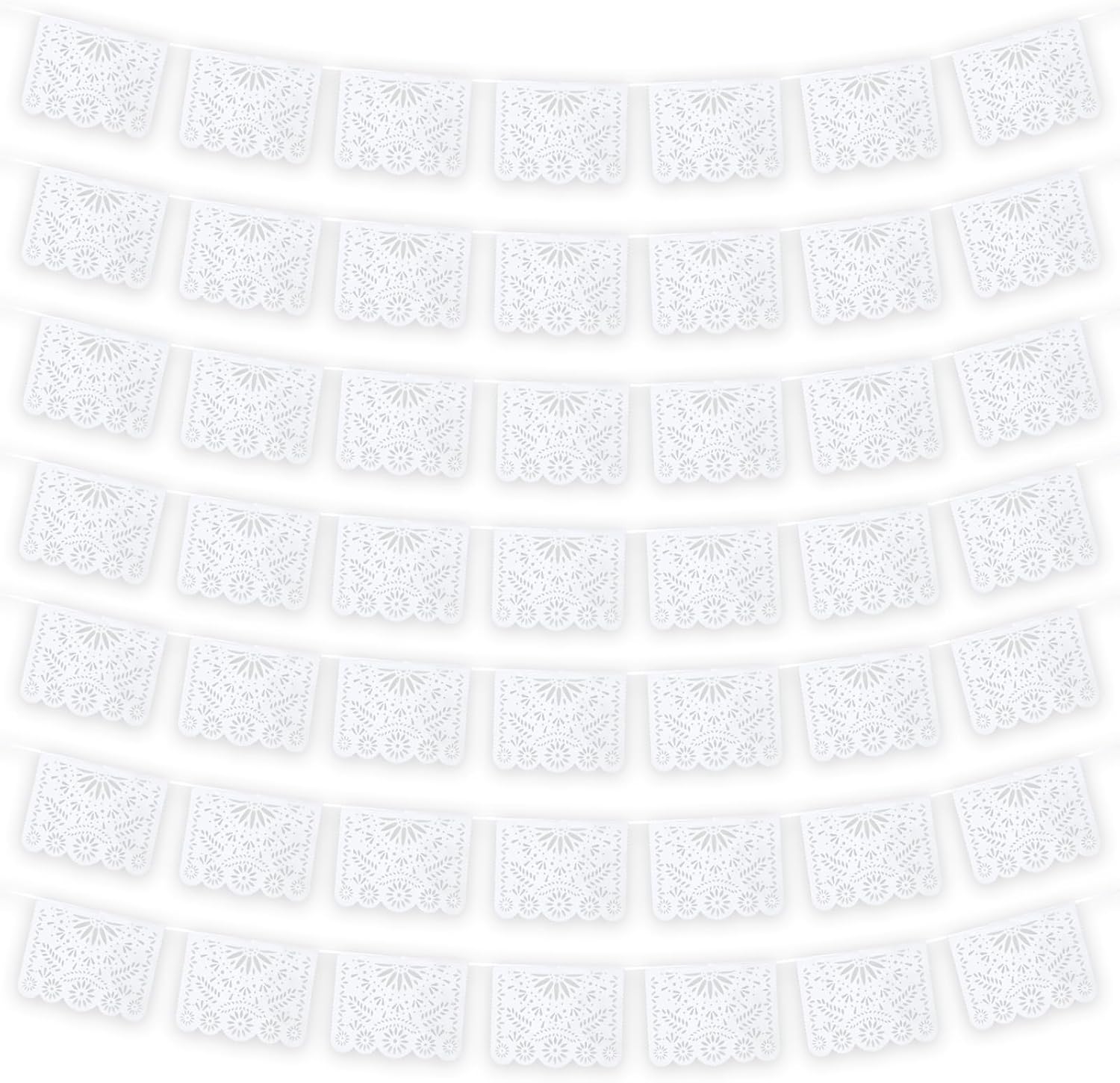 MARFOREVER White Papel Picado Banner, 33 Ft Cinco De Mayo Plastic Mexican Flag Banner Fiesta Party Decoration Mexico Wedding Decor Baby Shower, Dia de Los Muertos, Cielito Lindo Theme Decor