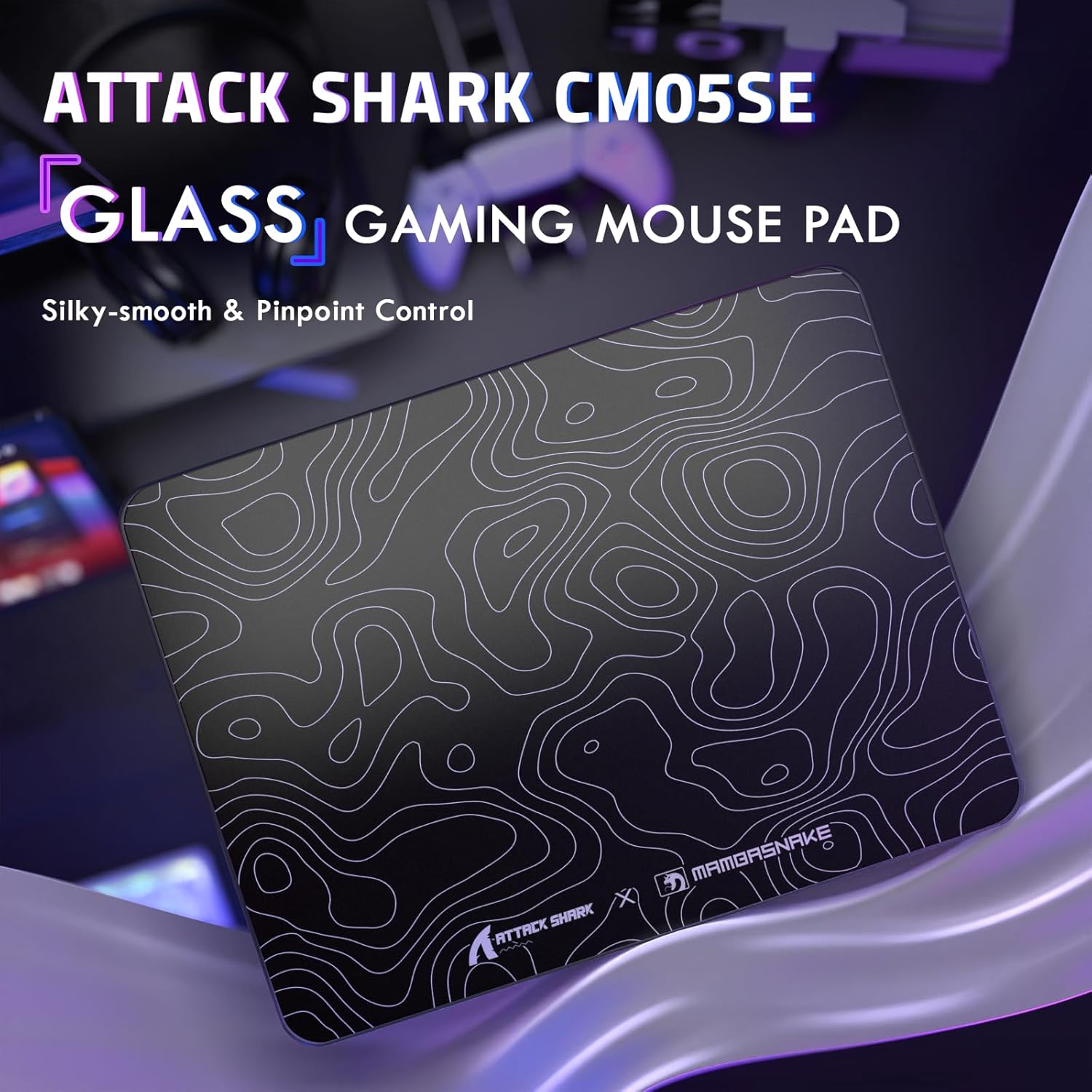 Attack Shark CM05SE Glass Gaming Mousepad,Nano-Micro-Etched Texture,Smooth Glass Surface,High Accuracy,Fast-Moving,Anti-Scratch, PU Leather Super Non-Slip Base,Small Size(410×310mm),Black Contour