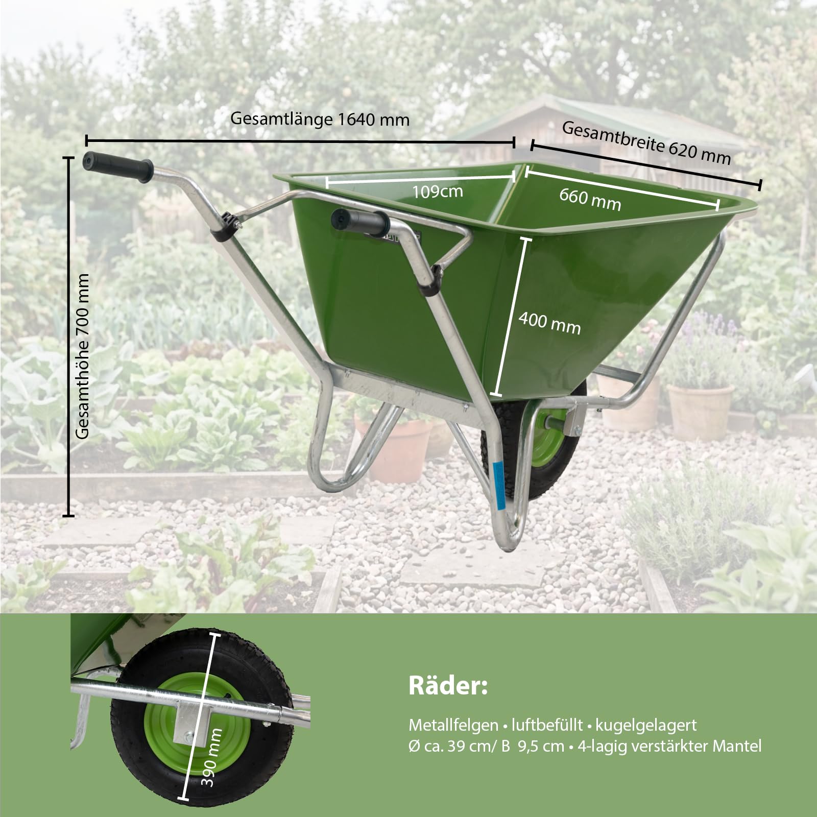 1-Rad Schubkarre XL 220 L 300 kg Luftrad Hofkarre Futterkarre grün Metallfelge Siebkarre groß für Stall Pferde Hof Garten Laub Heu Gras, Gartenkarre Großmuldenkarre Landwirtschaftskarre
