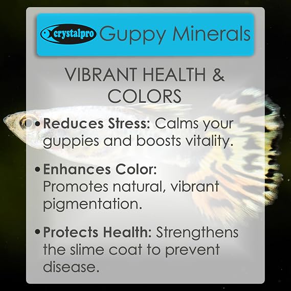 Crystalpro Guppy Minerals 4.22 Oz - Mineral Additive for Guppies - Replenishes Protective Coat and Improves General Health Freshwater Aquarium Salt (125 ml) Treats 660 Gallons