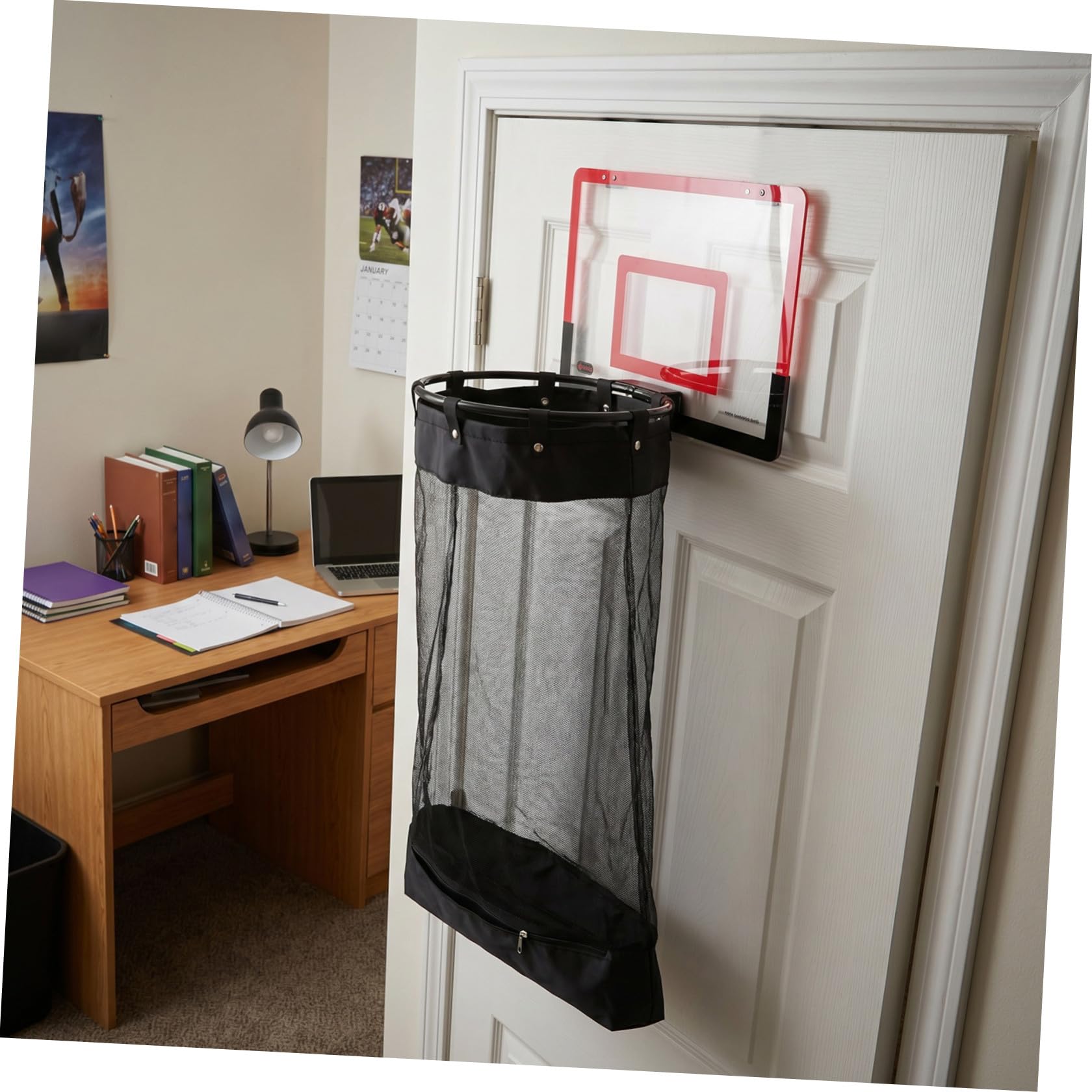 HEMOTON Hängender Wäschekorb mit Basketballkorb Platzsparend aus Kunststoff mit Reißverschluss und Haken für Schlafsäle und Kleine Wohnungen in Rot