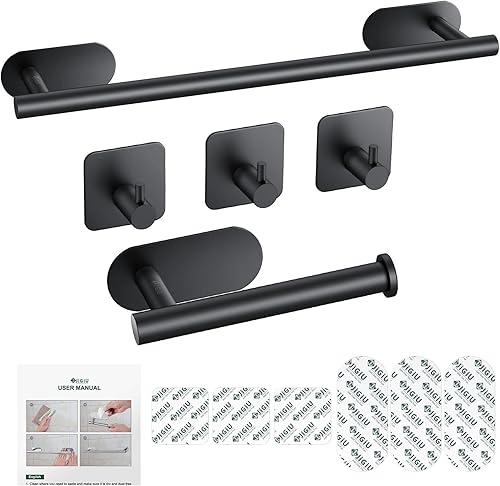 Miniatura 8 de JiGiU Toallero de 16 pulgadas, juego de accesorios de baño autoadhesivos con soporte para papel higiénico y 3 paquetes de ganchos para toallas, kit
