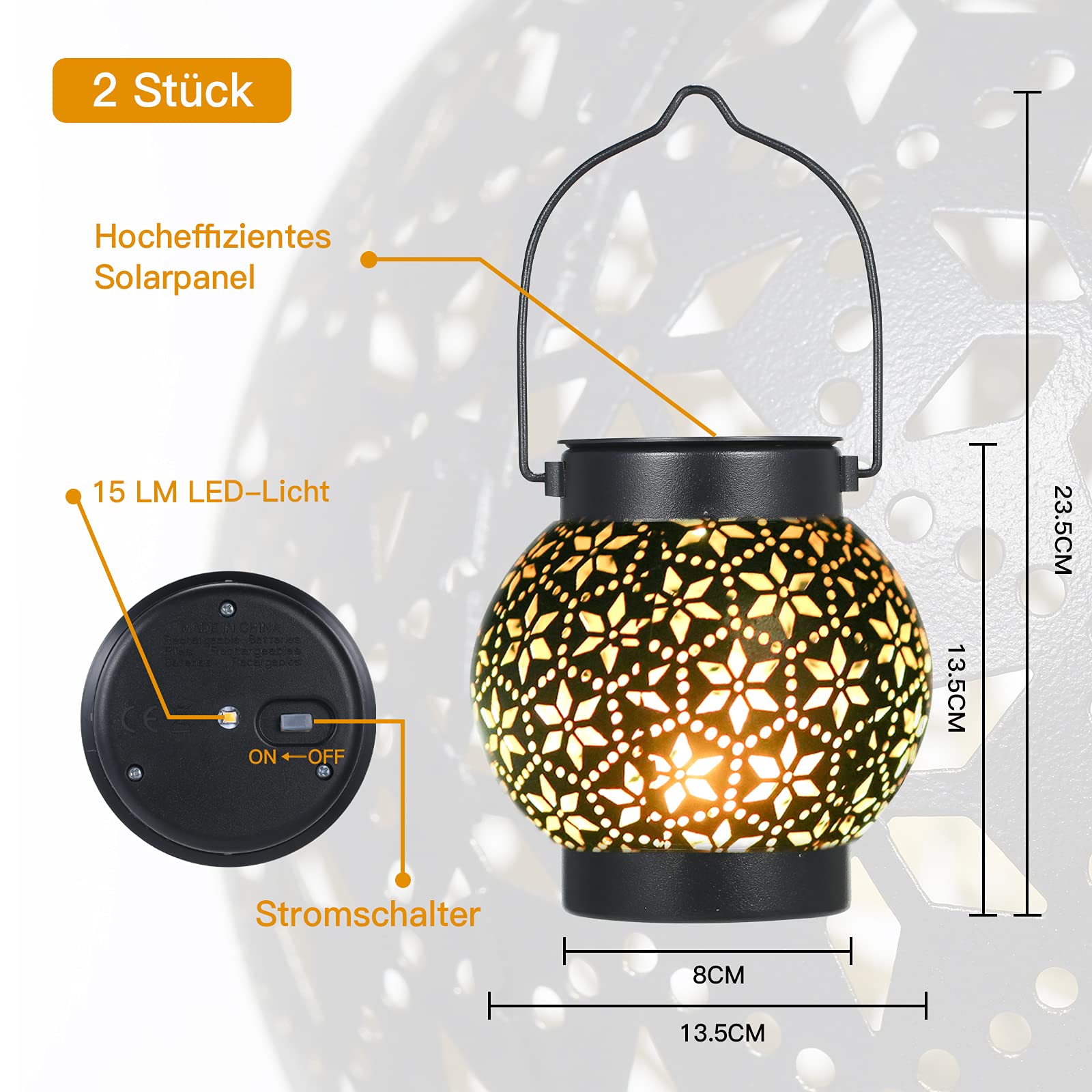 Solarlaterne für Außen 2 Stück, IP65 Wasserdicht Metall Solarlampen für Außen Hängend Garten Deko, Görvitor LED Warmweiß Solar Laterne für Draußen Balkon Weihnachten Schwarz