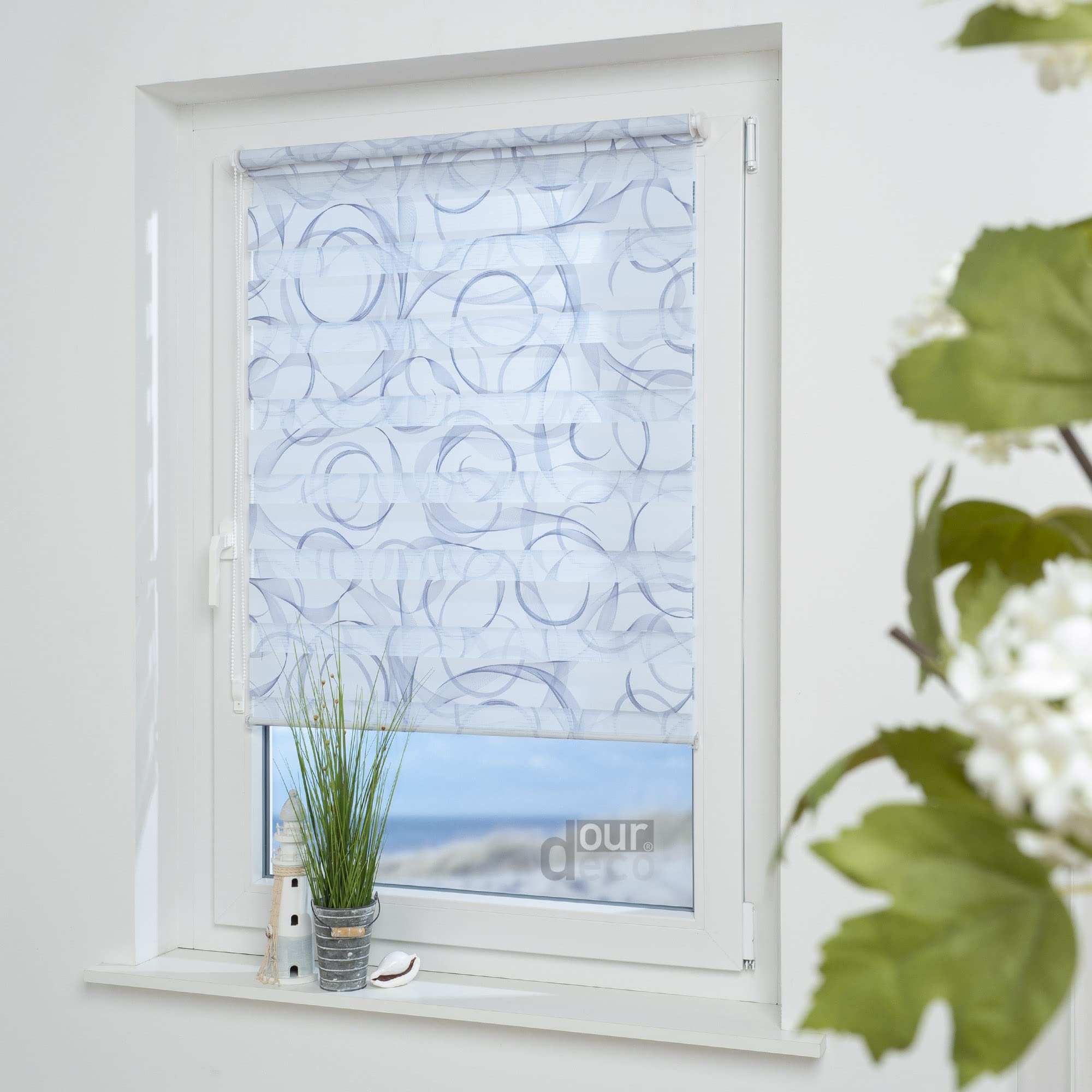 Doppel-Rollo, Duo Rollo Klemmfix / 60 x 160 cm, mit Druckmotiv Espiral Blue/lichtdurchlässig, Blickdicht