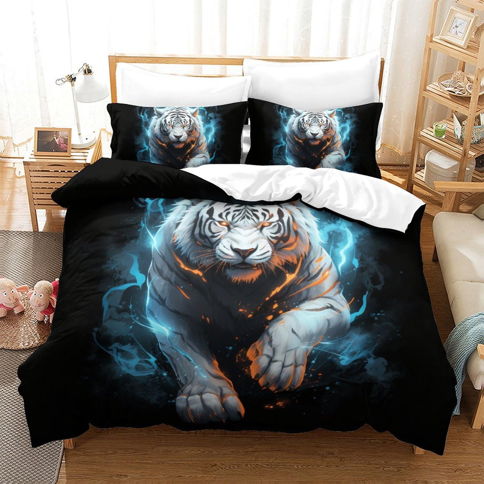 Housse de couette tigre 3D anti-plis en microfibre douce avec zip double pour lit double 200x200