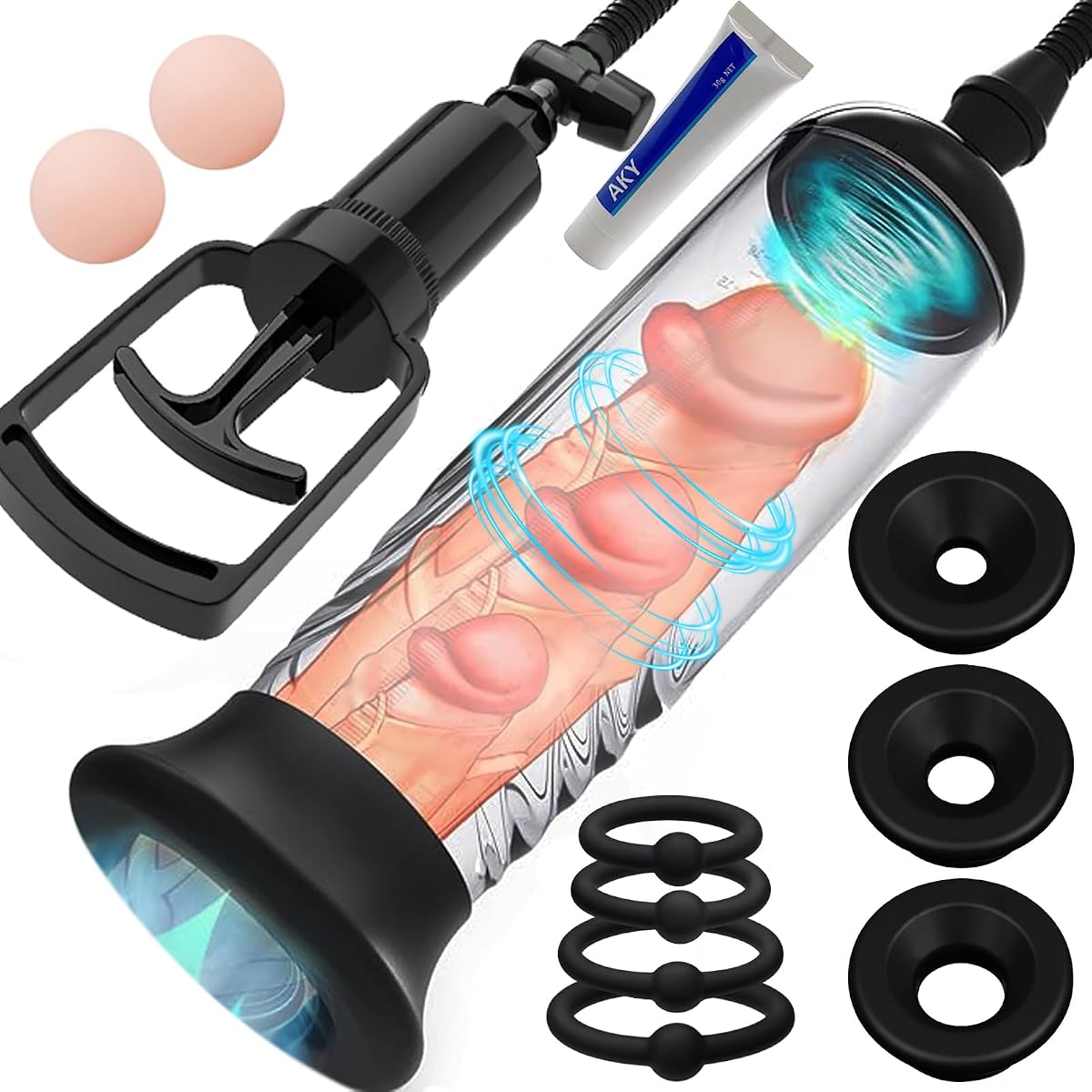 Male Penis Pump - Penis Extender Adult Sex Toy - Pump and Enlarger for Men, Includes 4 Cock Rings and 3 Silicone Sleeves, Helping You Achieve Harder, Thicker Erections